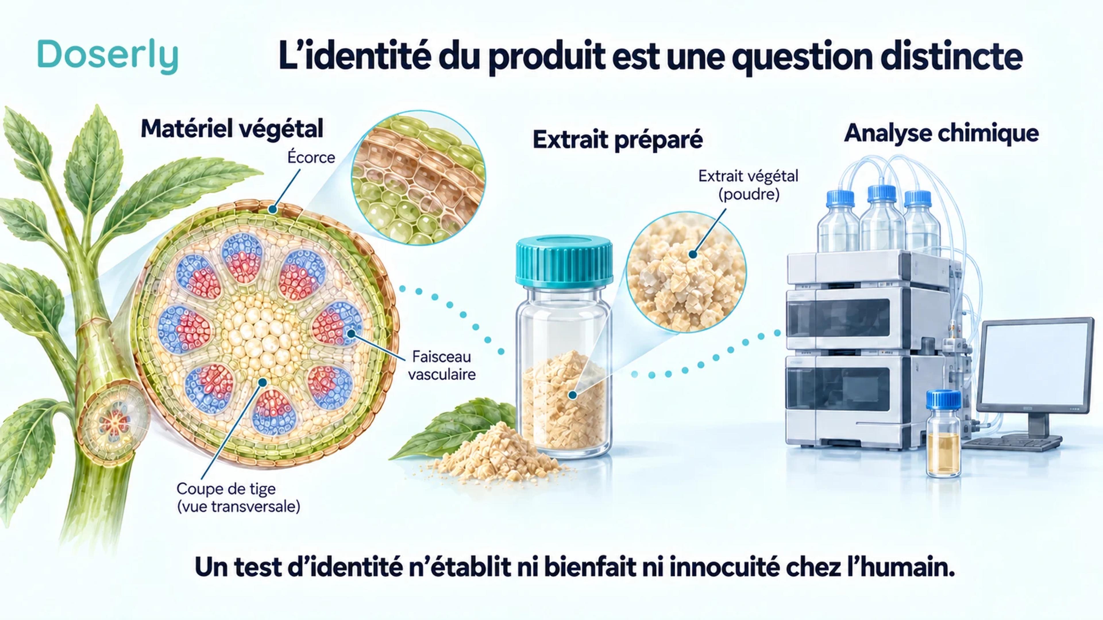 Une coupe transversale illustrée de tige végétale, une fiole d’extrait et un instrument de laboratoire analytique expliquent la distinction entre le matériel végétal et les tests de produits.
