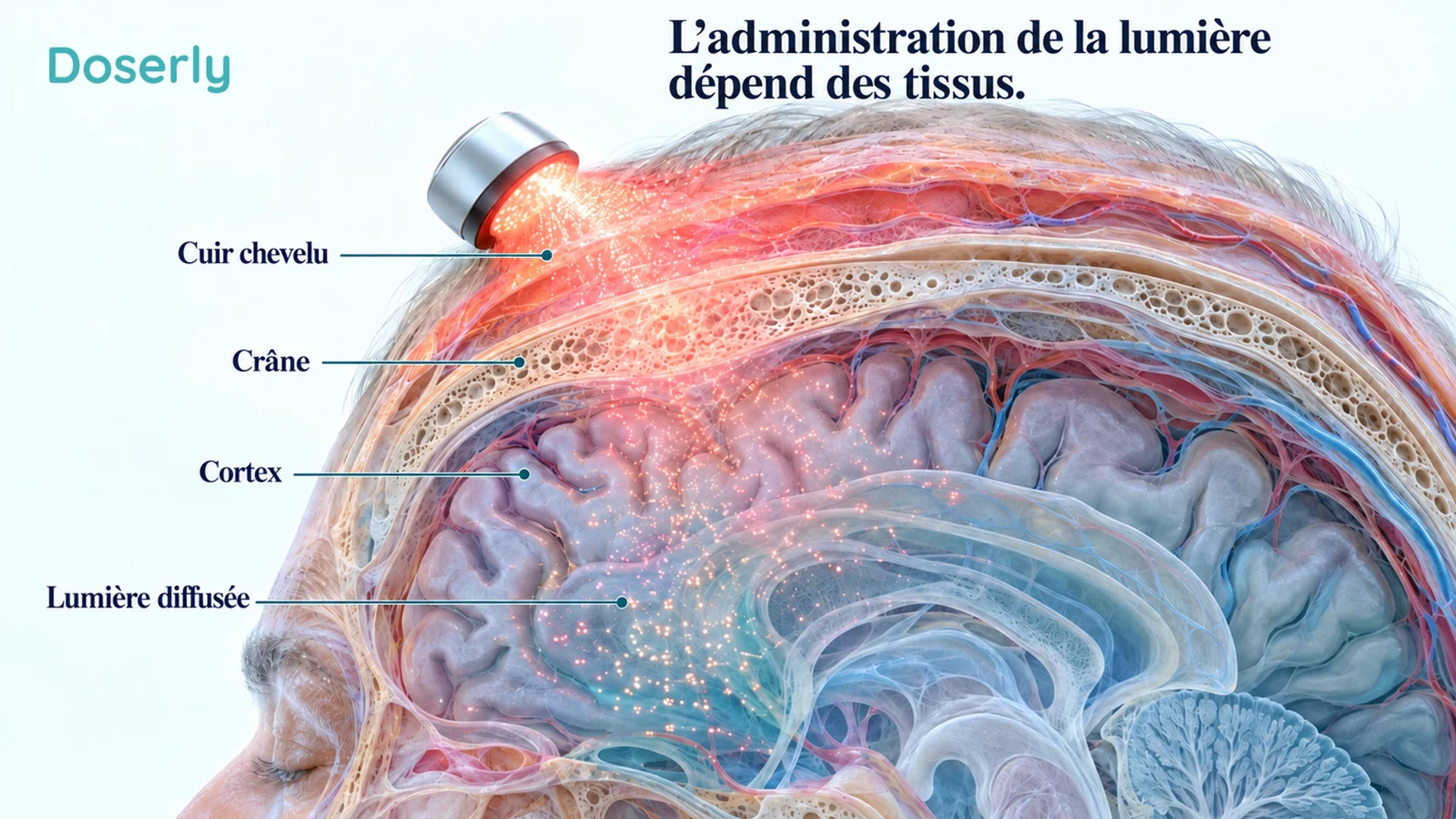 Coupe conceptuelle du cuir chevelu, du crâne et du cortex cérébral montrant un champ de lumière proche infrarouge diffus qui s’atténue, plutôt qu’un faisceau atteignant une profondeur garantie.