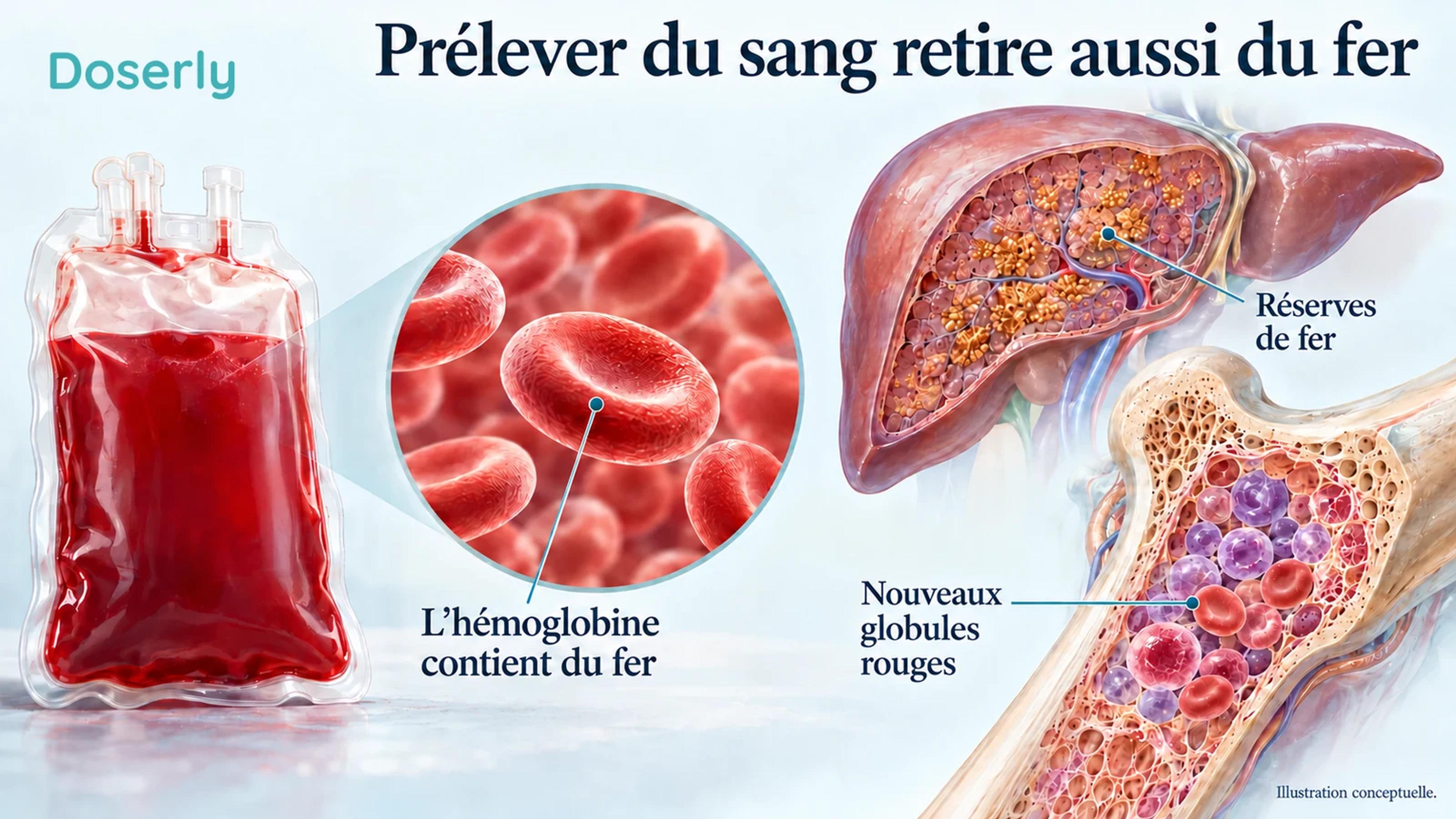Une poche de prélèvement sanguin et des globules rouges agrandis illustrent le fer qui quitte l’organisme avec l’hémoglobine, tandis que le foie et la moelle représentent des processus de récupération distincts.