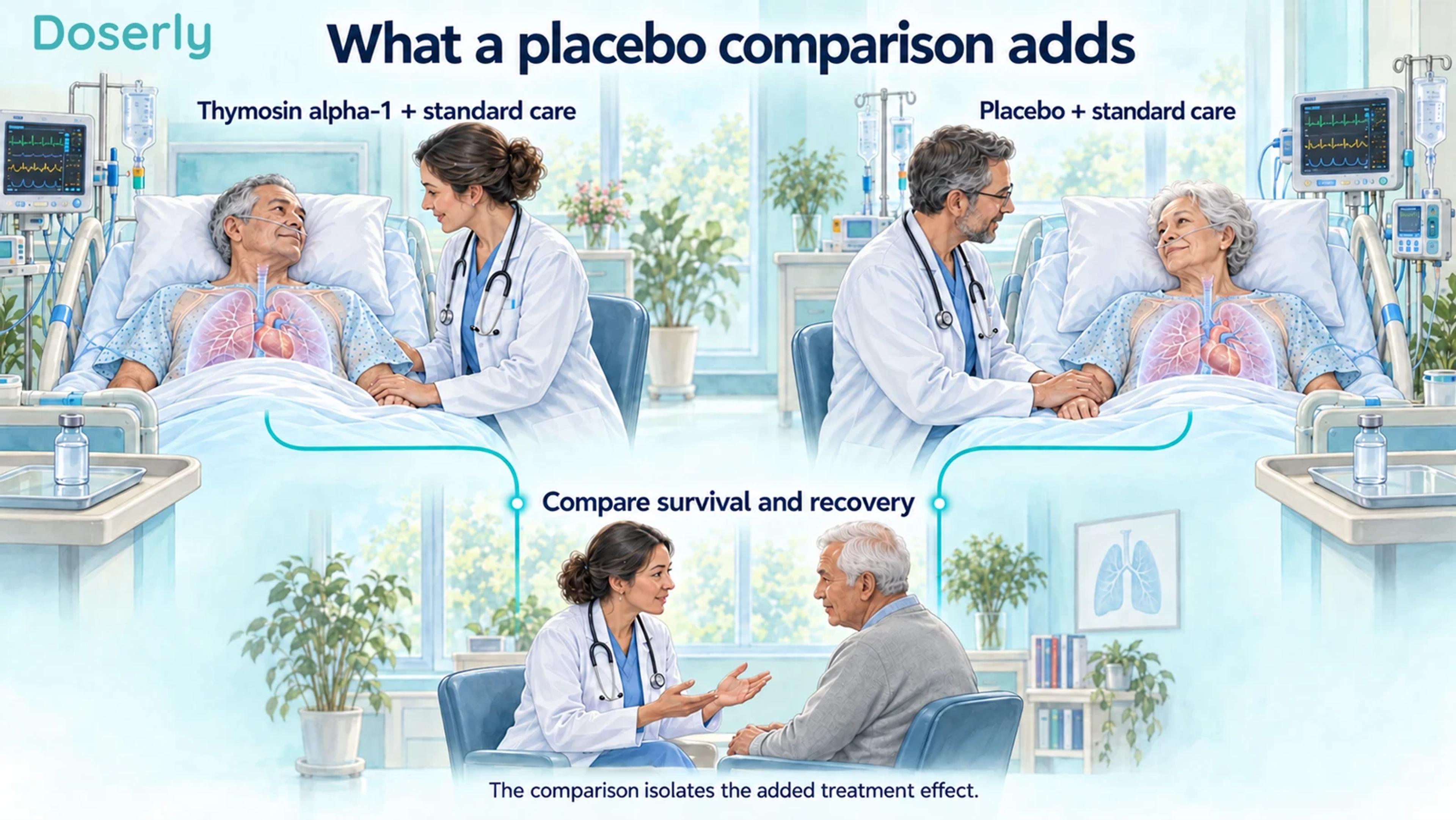Two hospital patients receiving comparable standard care, with thymosin alpha-1 and placebo groups leading to a comparison of survival and recovery