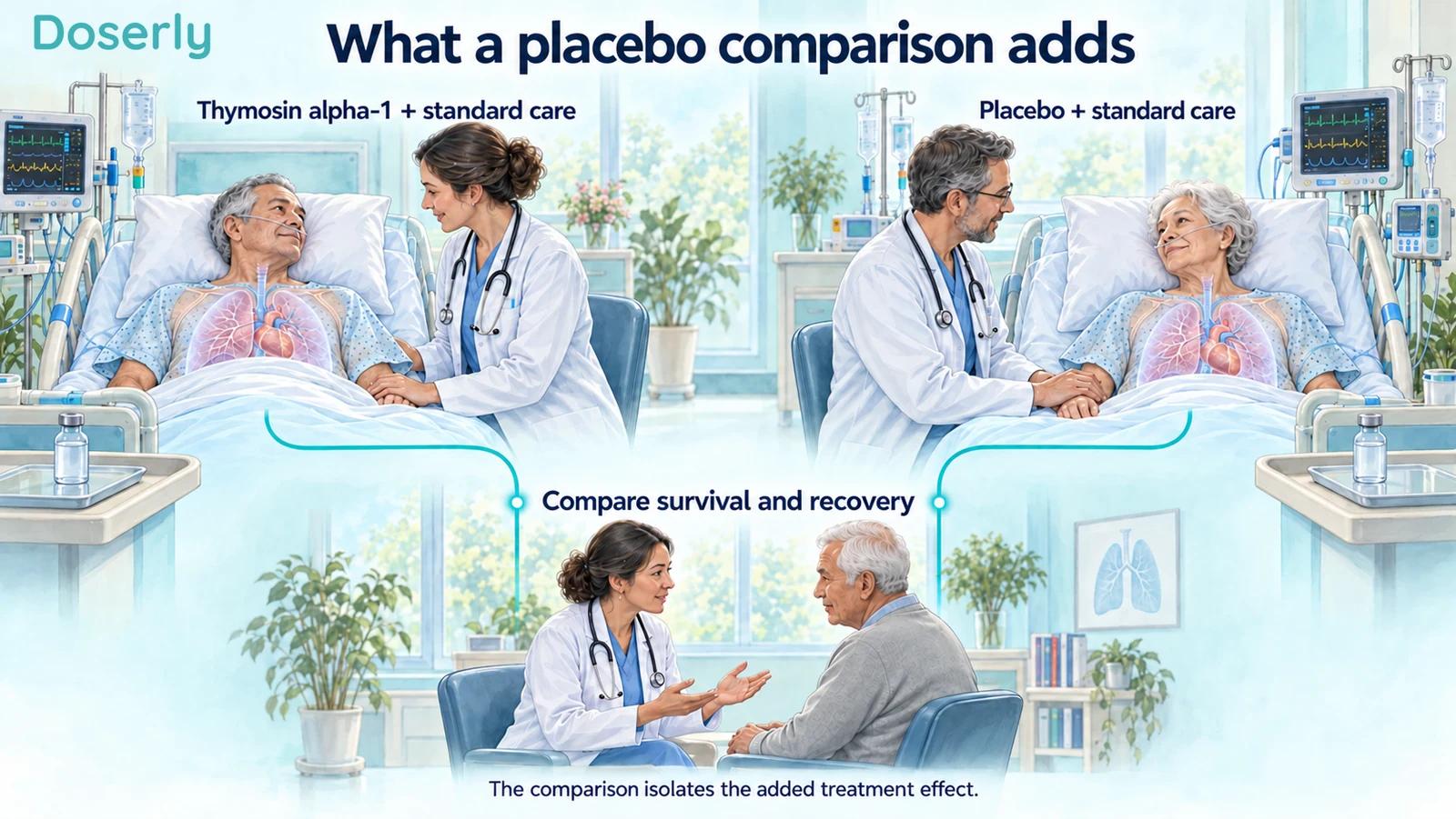 Two hospital patients receiving comparable standard care, with thymosin alpha-1 and placebo groups leading to a comparison of survival and recovery
