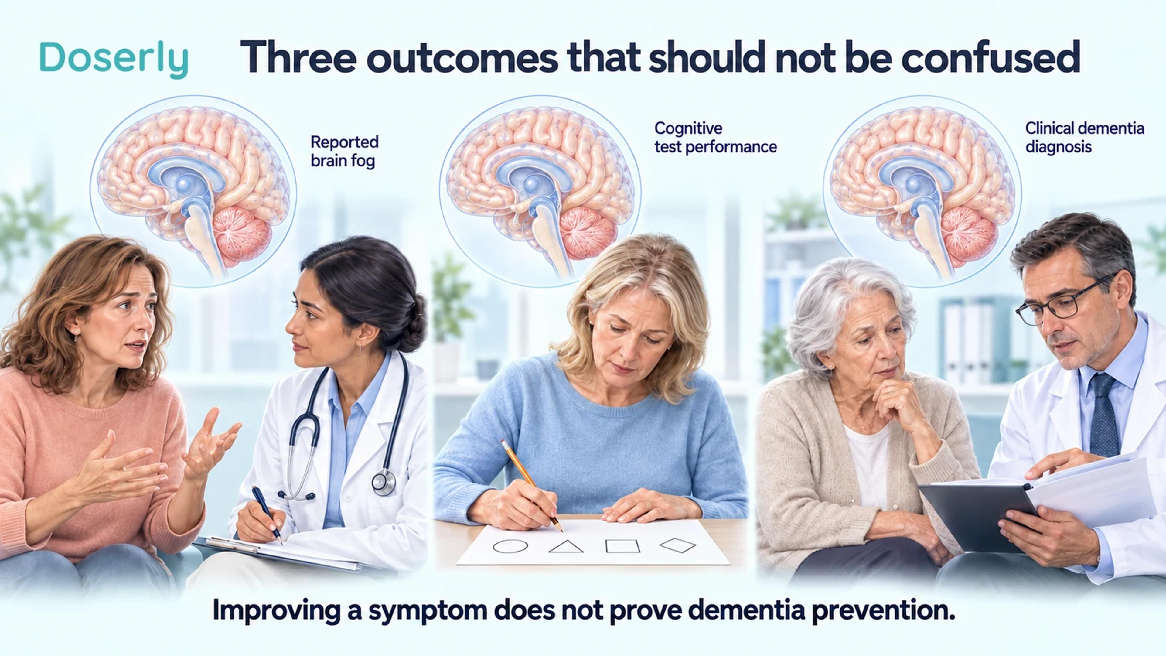 Three illustrated clinical encounters distinguish reported brain fog, cognitive test performance and a clinical dementia diagnosis.
