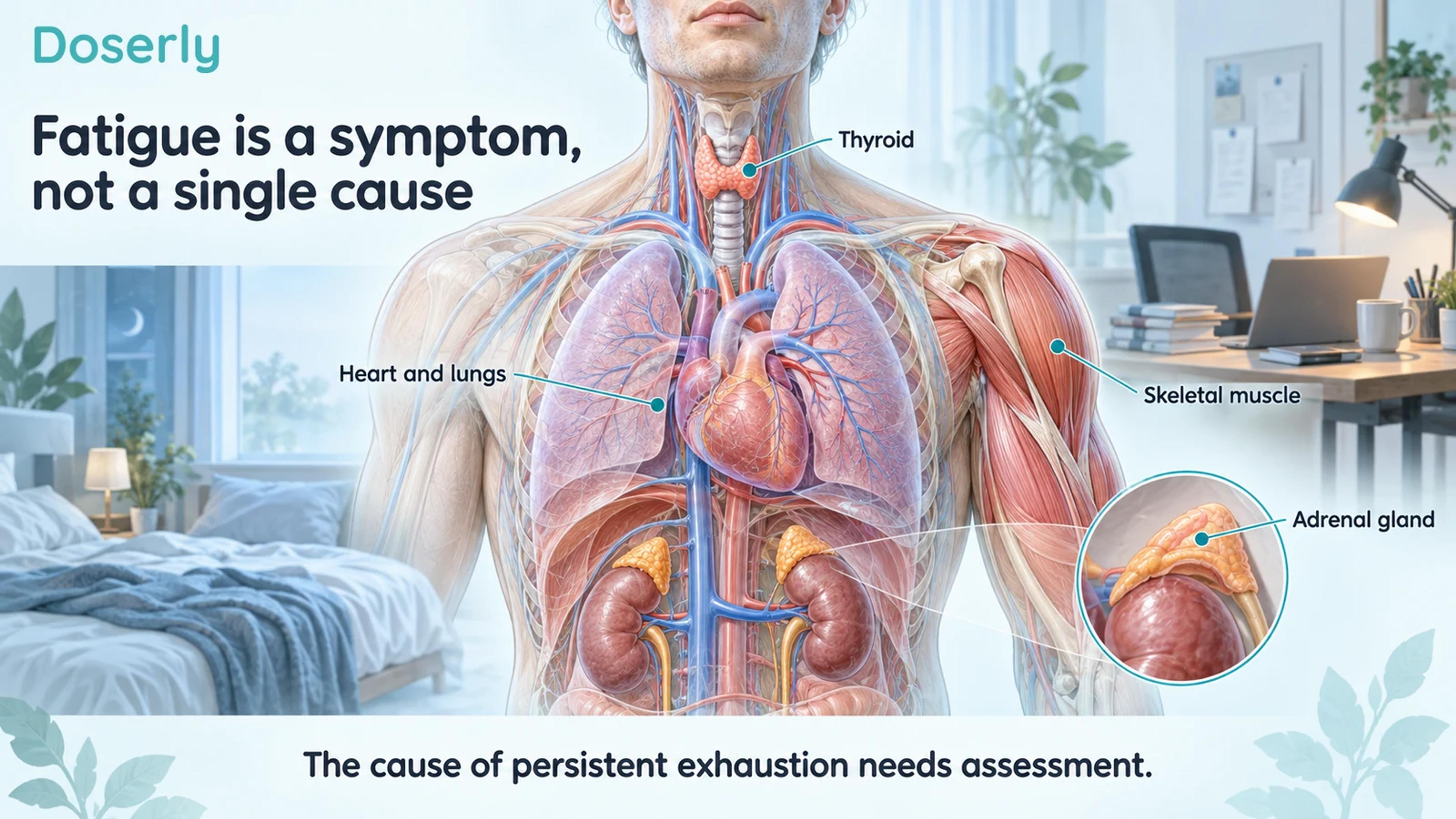 A detailed torso shows thyroid, heart and lungs, skeletal muscle and adrenal anatomy, with sleep and work settings in the background.