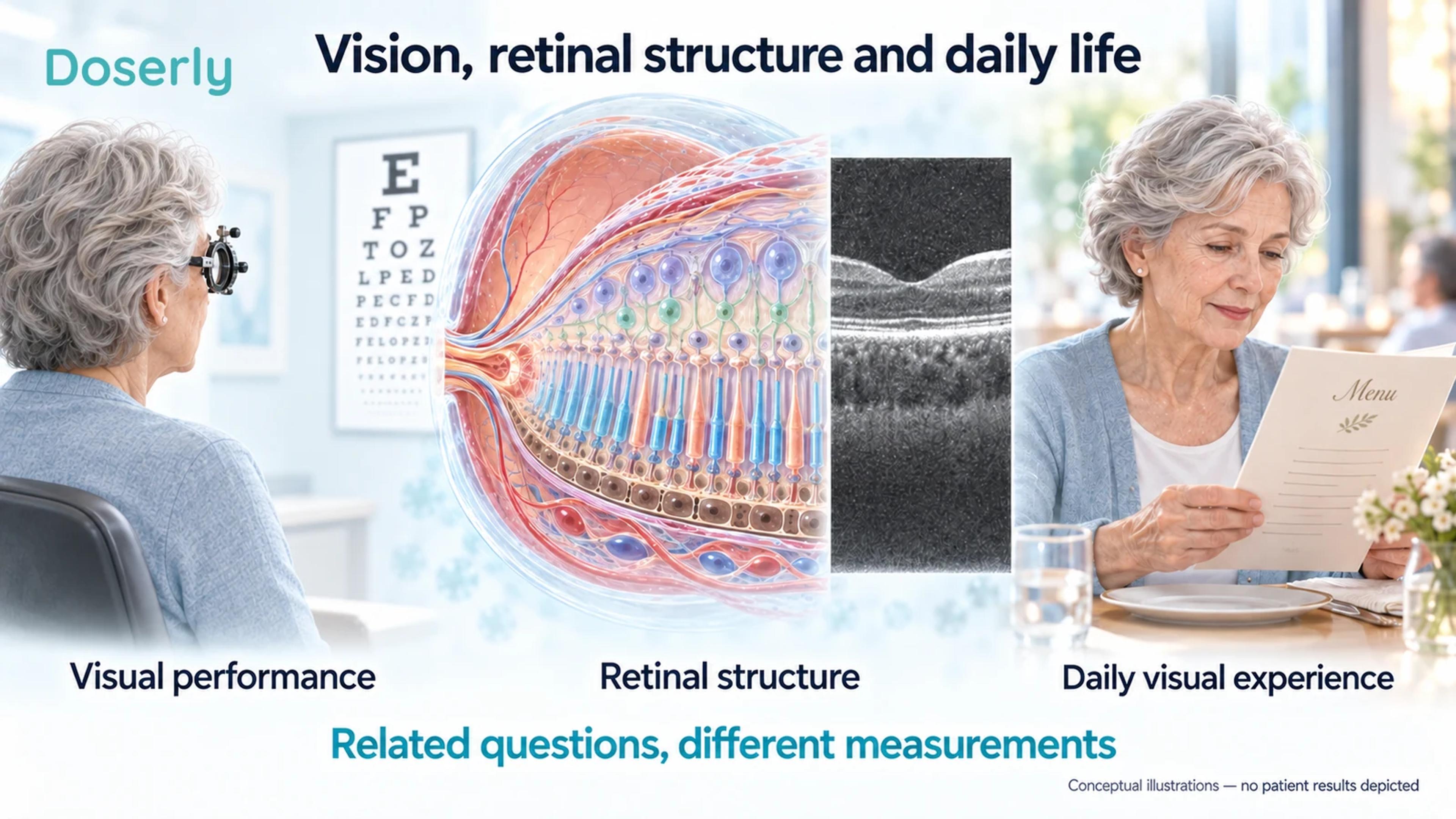 Three illustrated scenes show a clinical eye examination, retinal tissue beside a conceptual OCT image, and an older woman reading a menu.