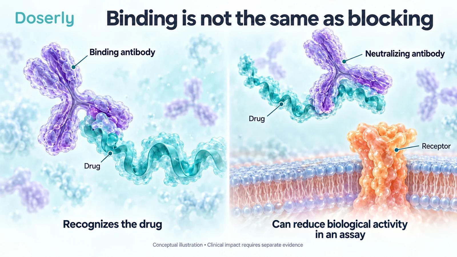 Conceptual antibody illustration distinguishes recognition of a drug from neutralization of its activity