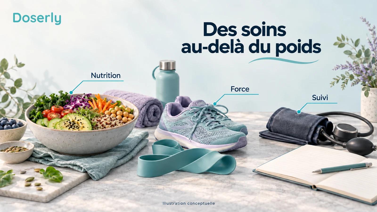 Un carnet vierge, des aliments, des chaussures, une bande de résistance et un brassard de tensiomètre illustrent les soins continus.