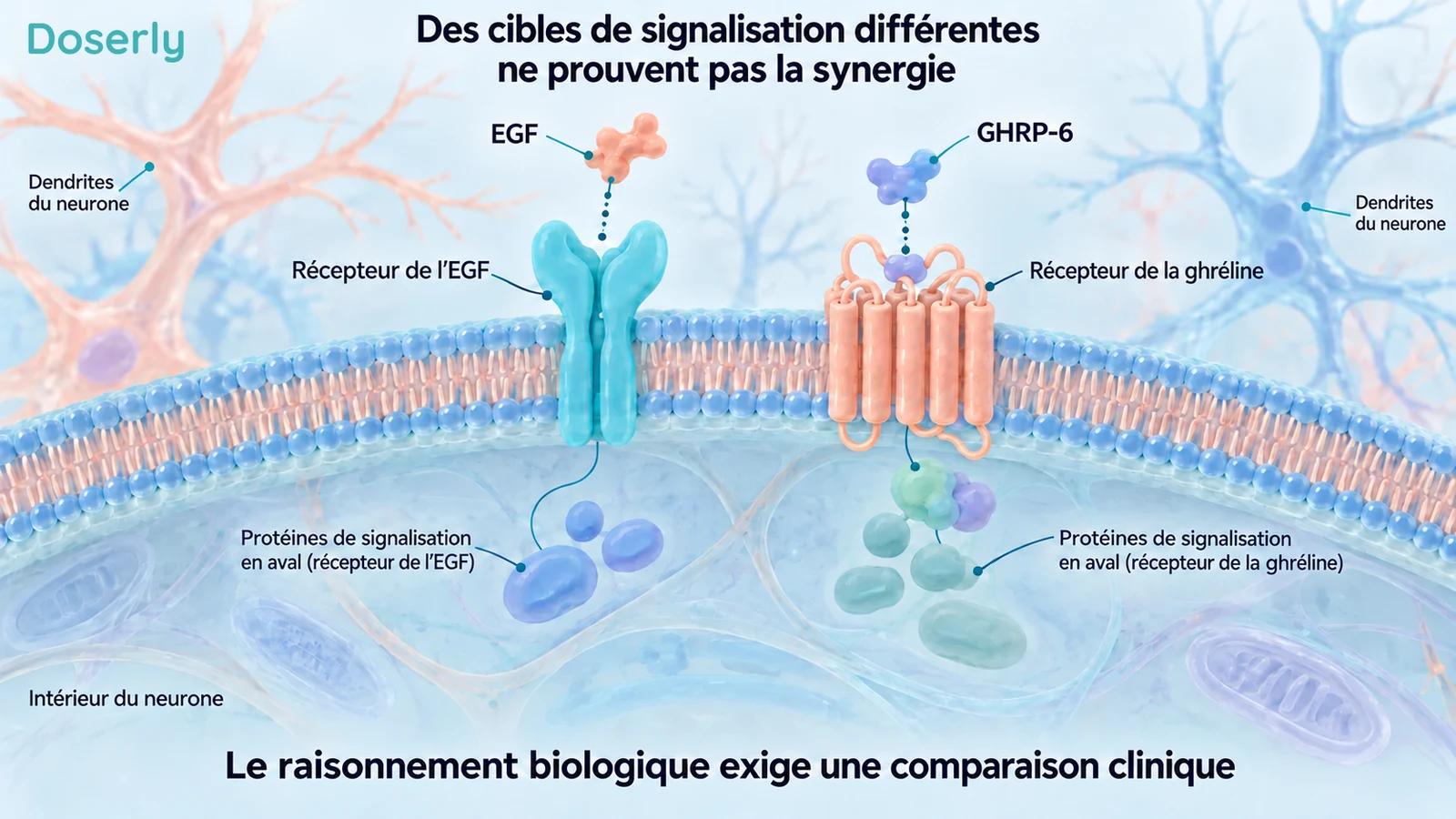 Membrane cellulaire schématique présentant des récepteurs distincts de l’EGF et de la ghréline ainsi que leurs composants de signalisation respectifs