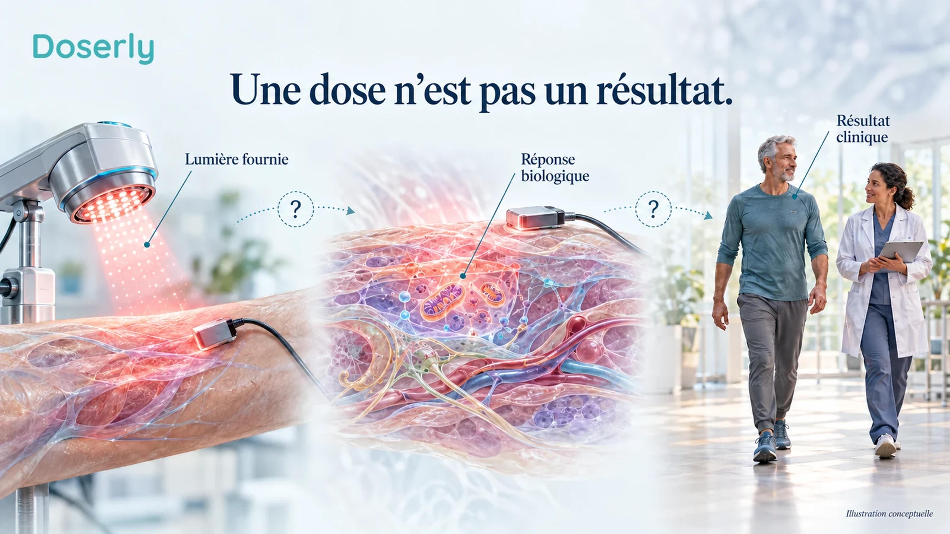 Une scène de recherche conceptuelle distingue une exposition lumineuse étalonnée, une mesure physiologique et un résultat fonctionnel rapporté par le patient.