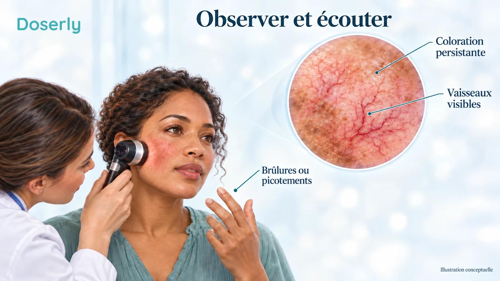 Illustration d’un clinicien examinant la rougeur du visage et les vaisseaux visibles avec un dermatoscope pendant qu’un patient décrit des brûlures au visage.