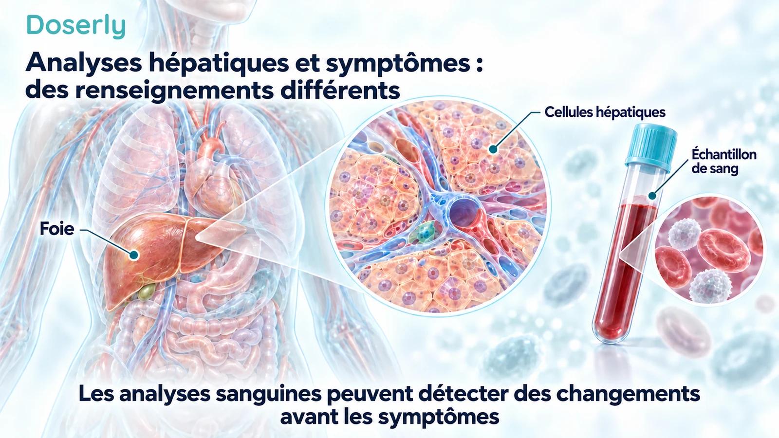 Anatomie translucide du haut du corps situant le foie, avec un encadré agrandi de cellules hépatiques et une illustration d’un échantillon de sang.