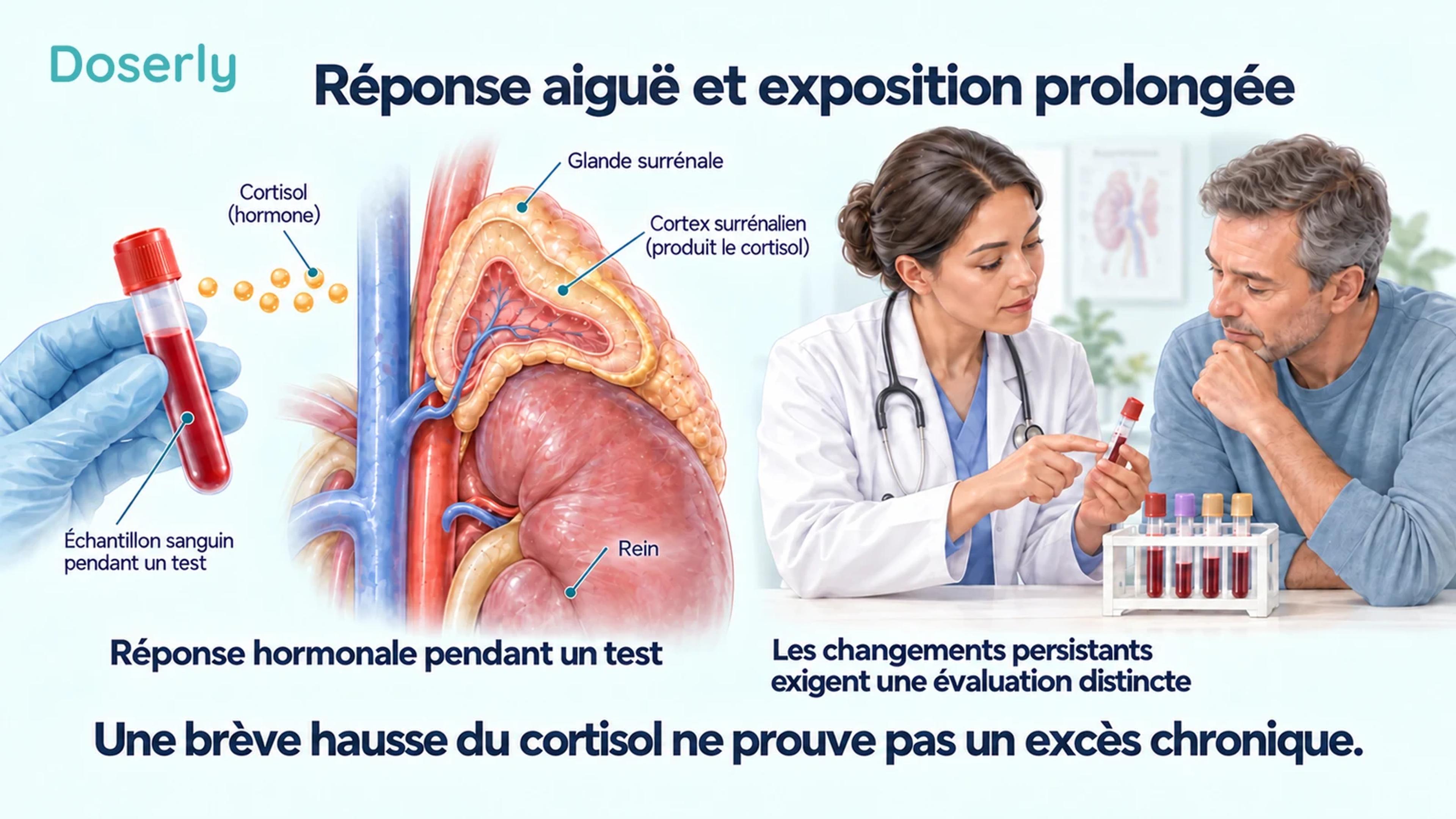 Une glande surrénale et un échantillon sanguin illustrent une réponse aiguë à un test, à côté d’une scène distincte d’évaluation clinique.