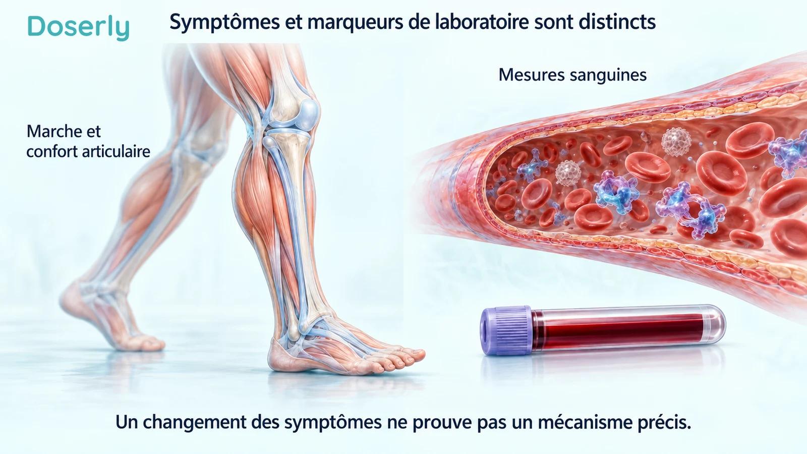 Une illustration du genou et du bas de la jambe pendant un pas est accompagnée d’une vue en coupe d’un vaisseau sanguin et d’un tube de prélèvement.