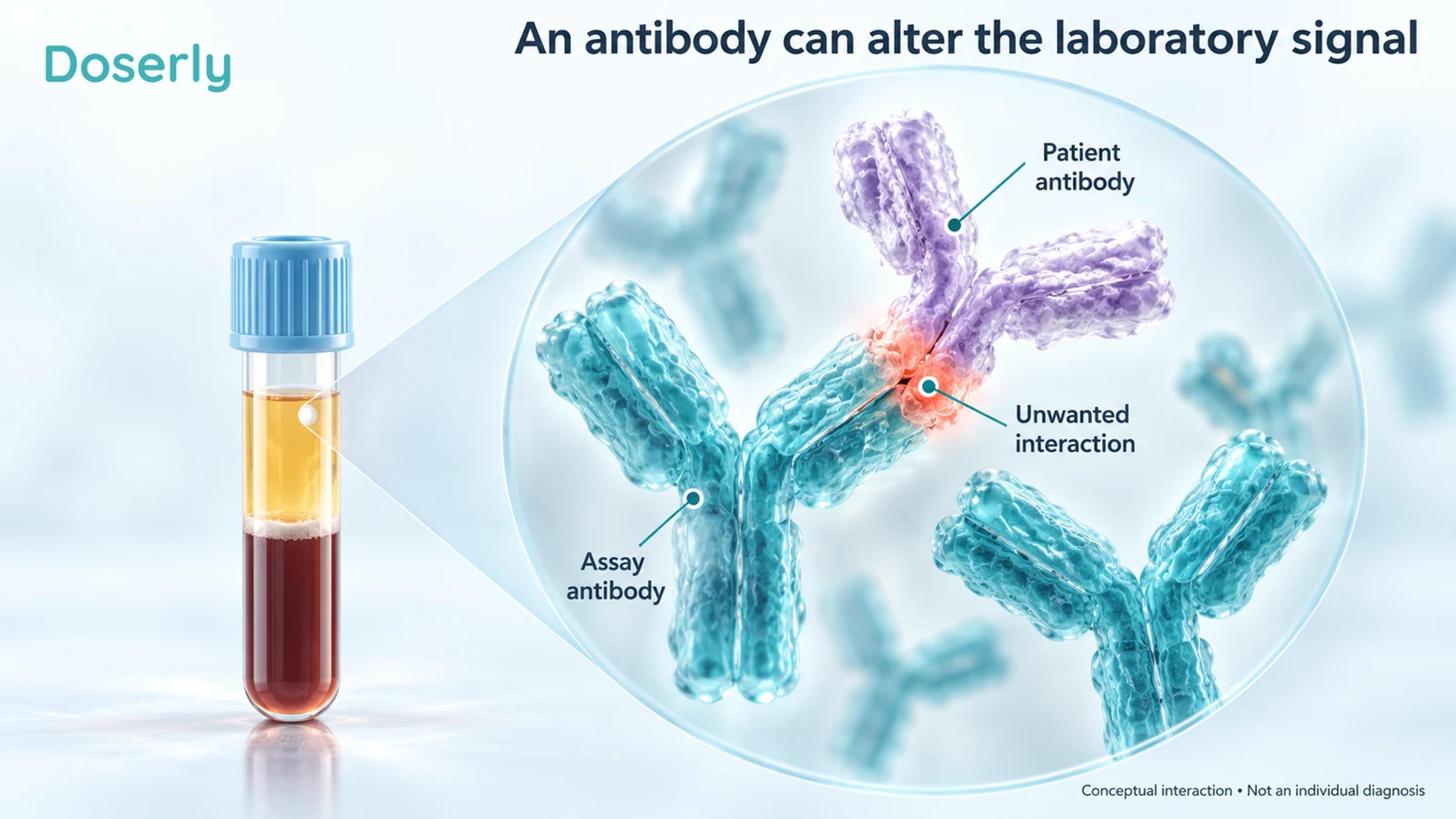 Separate patient and assay antibodies interact within a magnified laboratory scene next to an unchanged serum tube.
