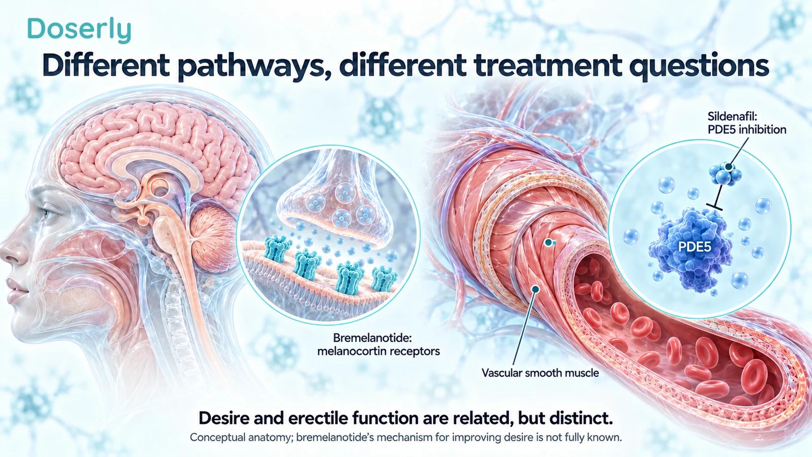 Translucent brain and receptor illustration beside vascular smooth muscle and a conceptual PDE5-inhibition inset.