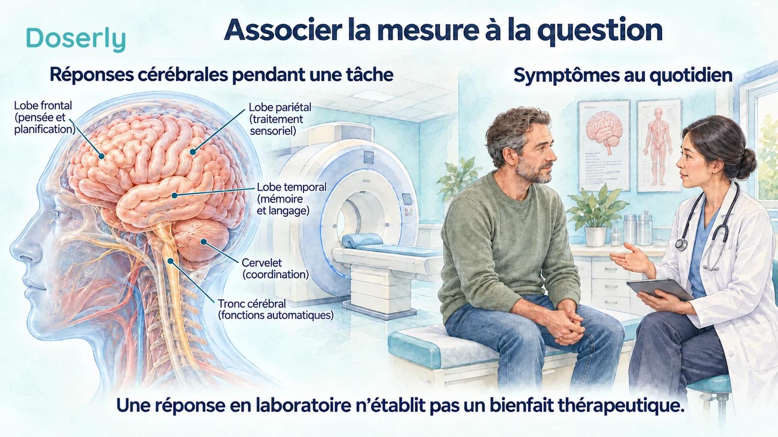 Peinture d’un cerveau de type atlas médical et appareil d’IRM à côté d’une illustration d’un patient discutant de ses symptômes quotidiens avec un clinicien.