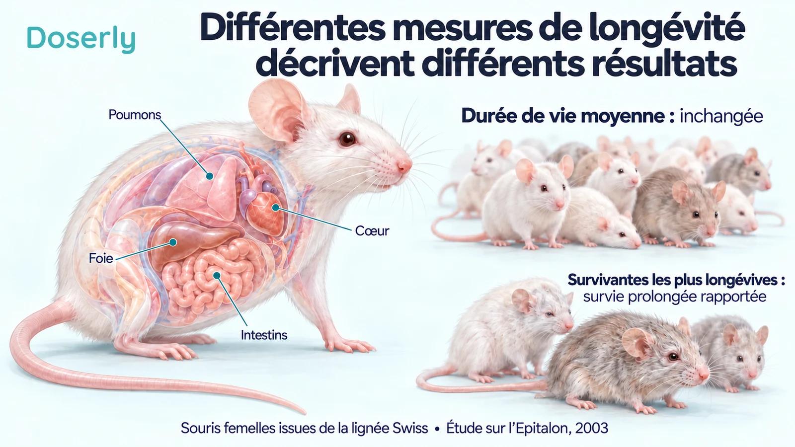 Représentation conceptuelle d’une souris femelle de laboratoire avec l’anatomie de ses organes, à côté de groupes illustrant les mesures pour l’ensemble de la population et pour les survivantes ayant vécu le plus longtemps.