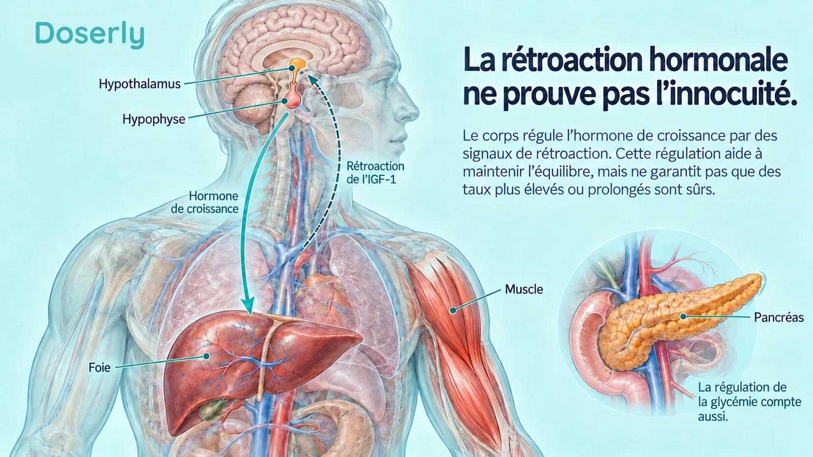 Cerveau, hypophyse, foie, muscle et pancréas translucides illustrant la signalisation de l’hormone de croissance et la rétroaction de l’IGF-1