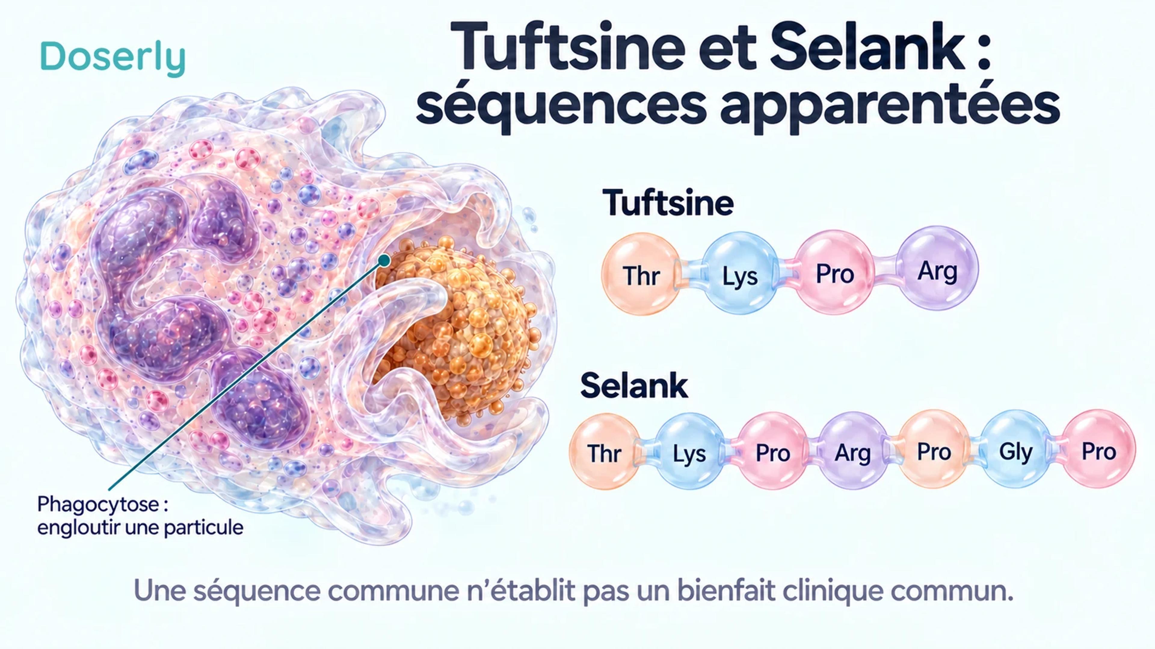 Un neutrophile engloutit une particule à côté de la séquence de quatre acides aminés de la tuftsine et de celle de sept acides aminés du Selank.