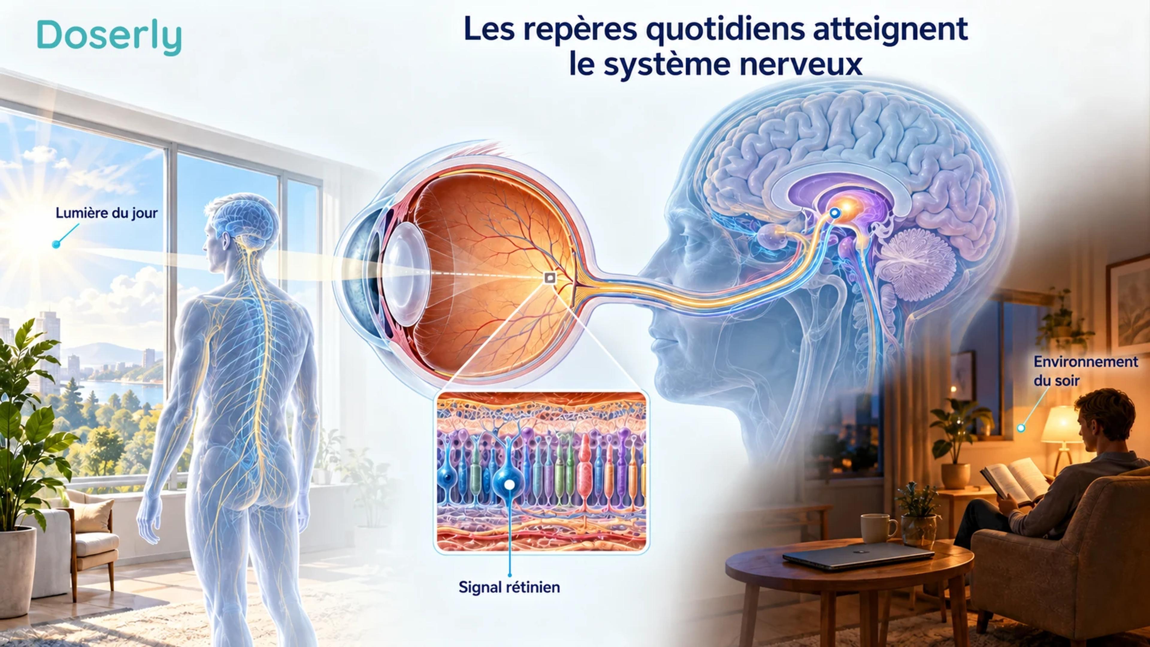 Des environnements de jour et de soir encadrent une anatomie conceptuelle de l’œil et du cerveau montrant comment l’information lumineuse atteint le système nerveux.