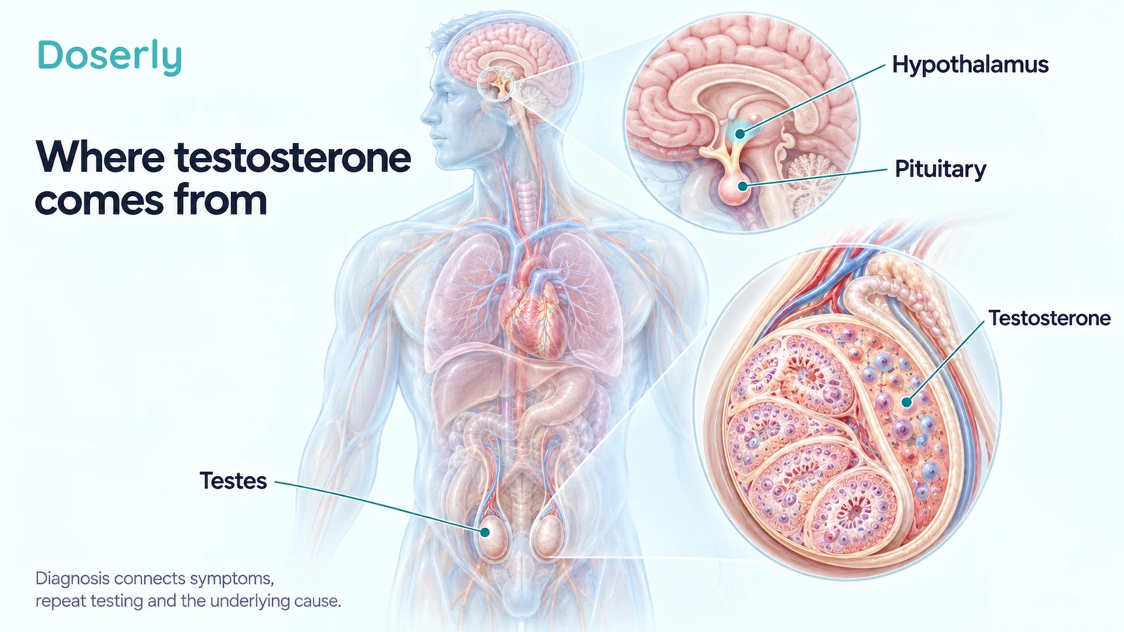 Translucent anatomical illustration of the brain, pituitary and testes, with an enlarged testicular cutaway.