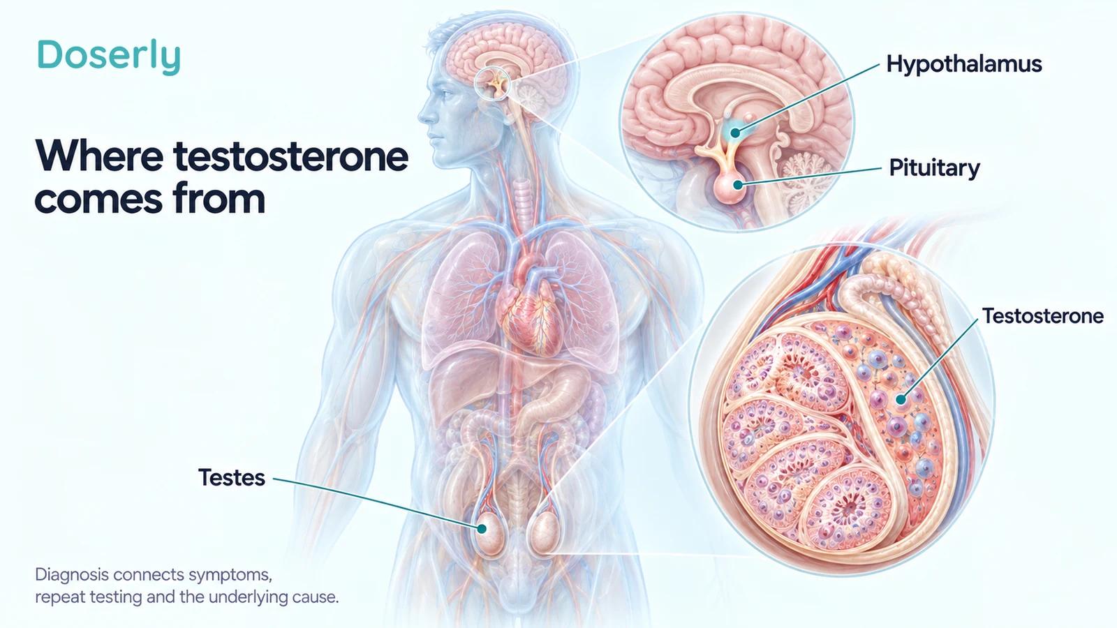 Translucent anatomical illustration of the brain, pituitary and testes, with an enlarged testicular cutaway.