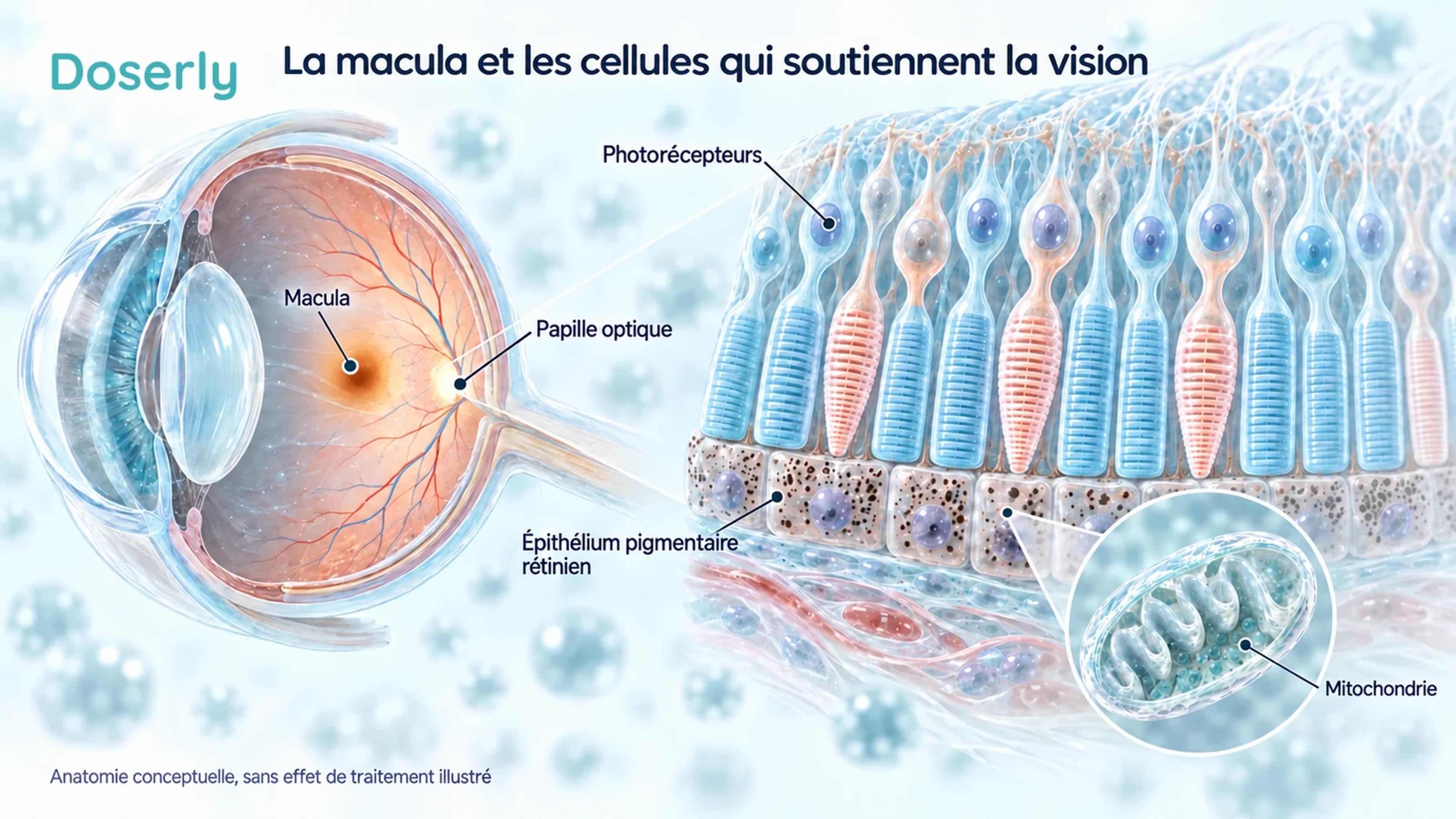 Coupe de l’œil avec des étiquettes distinctes pour la macula et la papille optique, des photorécepteurs agrandis près de l’épithélium pigmentaire rétinien et un encadré montrant une mitochondrie.