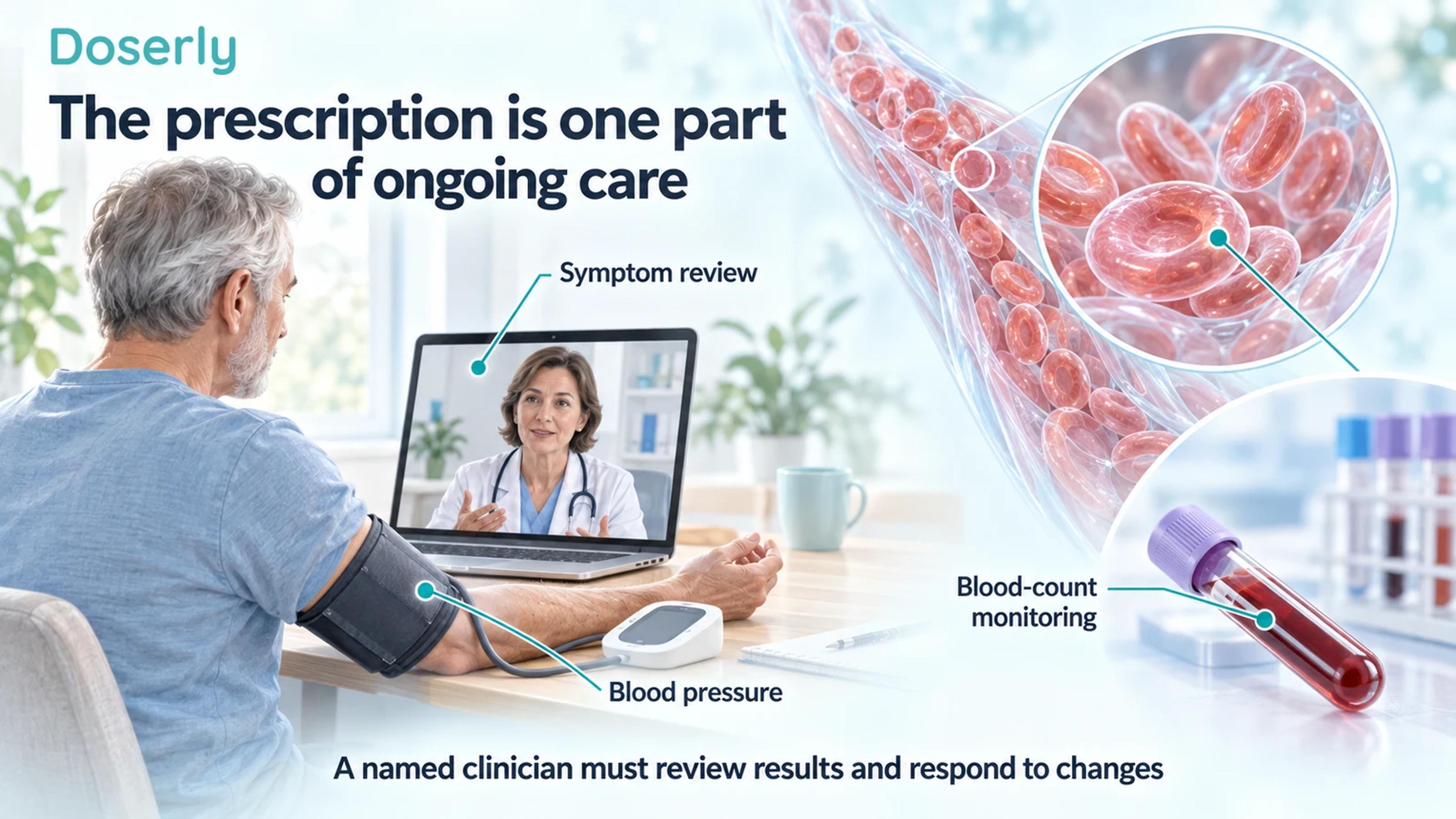 An adult man attends a remote consultation while checking blood pressure, alongside detailed red-cell and blood-sample insets.