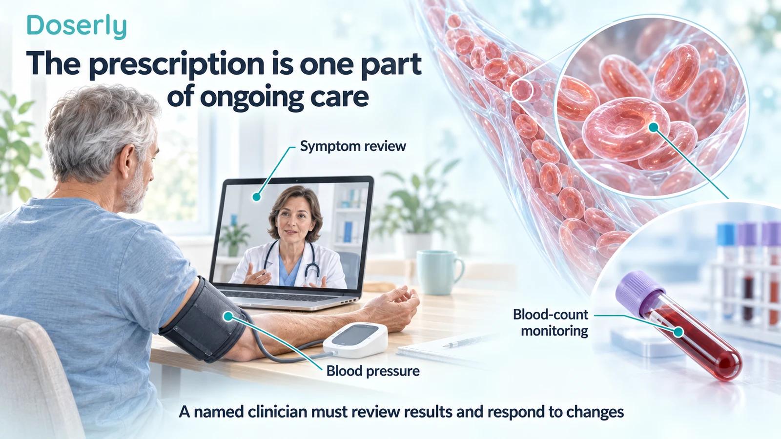 An adult man attends a remote consultation while checking blood pressure, alongside detailed red-cell and blood-sample insets.