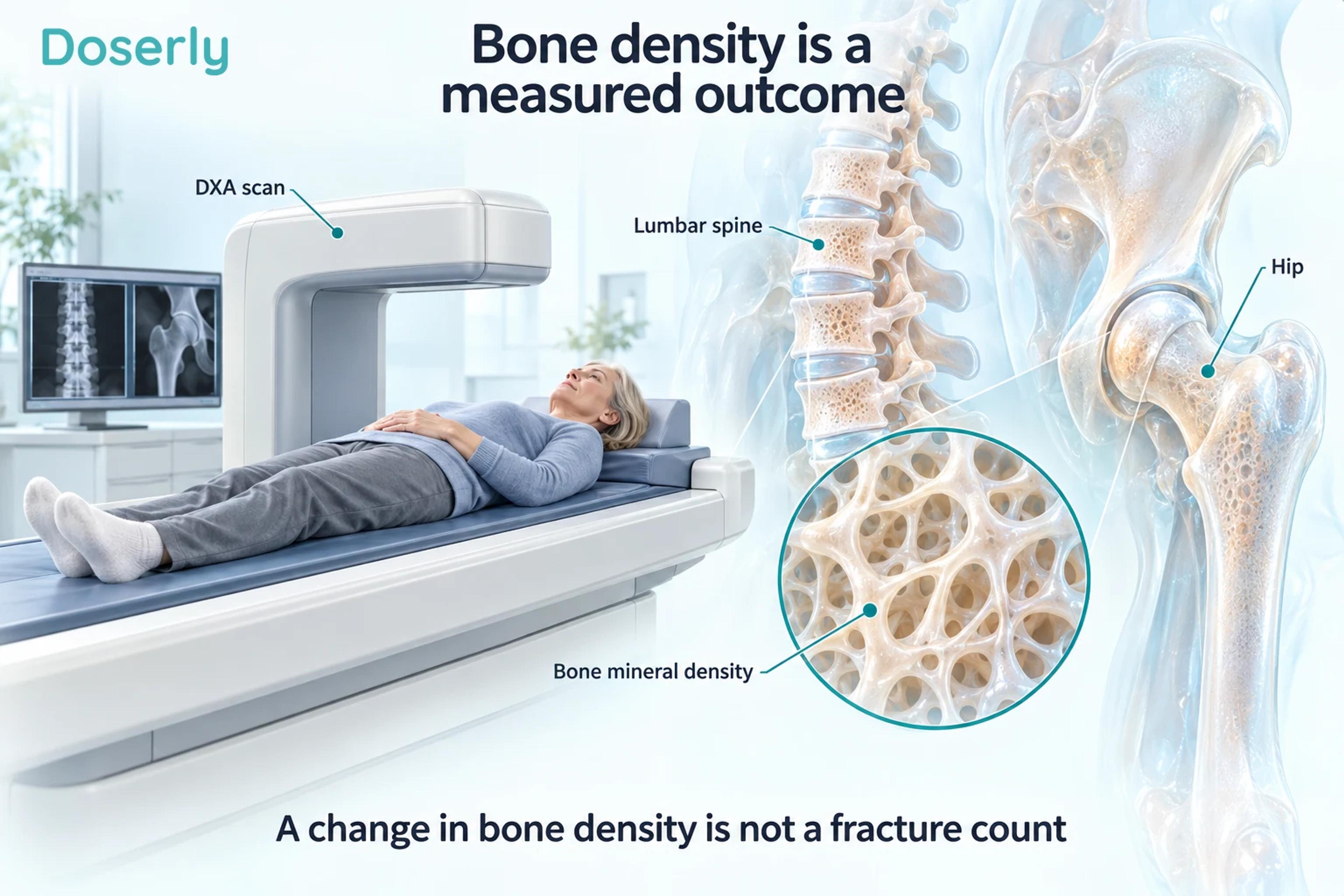 A DXA scanner and enlarged hip and lumbar spine explain bone mineral density measurement.