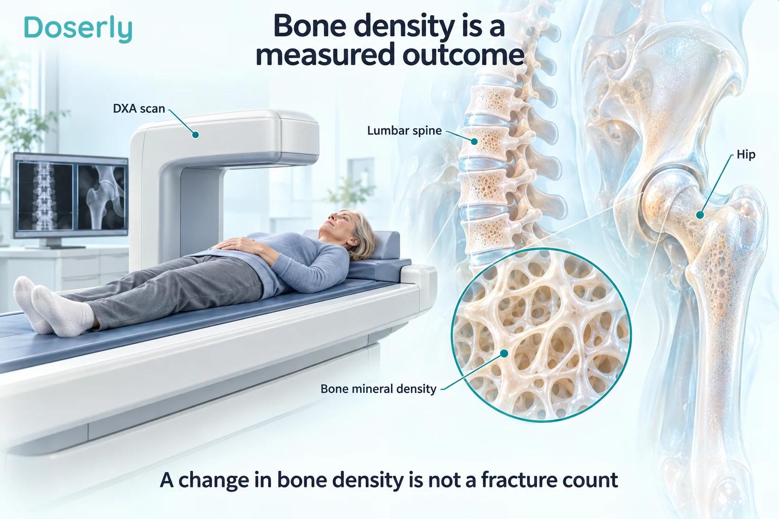A DXA scanner and enlarged hip and lumbar spine explain bone mineral density measurement.