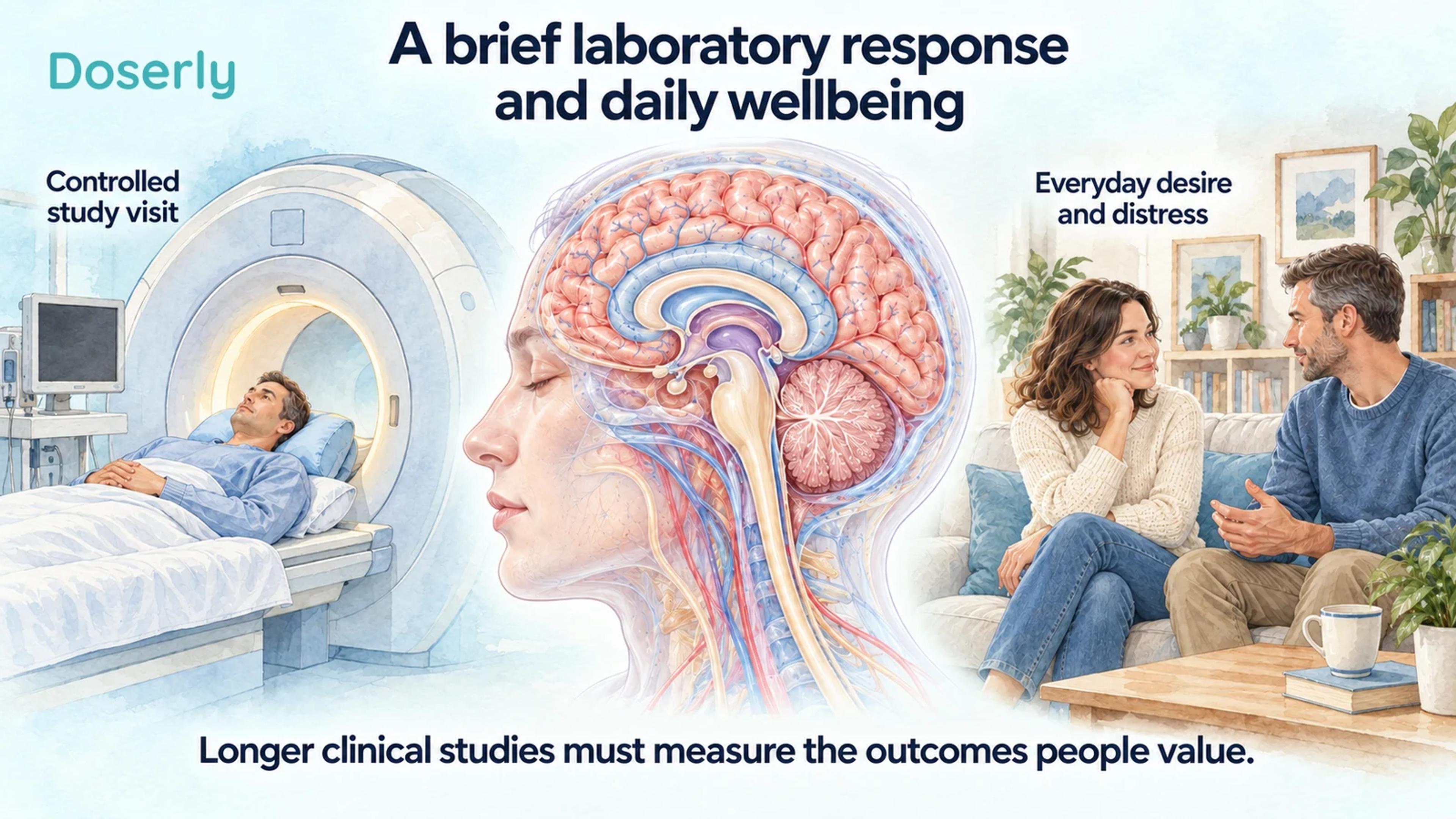 Painted illustrations of a research participant at an MRI scanner, a detailed brain cutaway, and two adults talking at home.