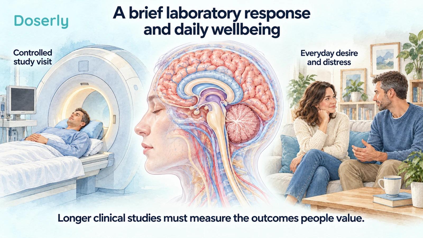 Painted illustrations of a research participant at an MRI scanner, a detailed brain cutaway, and two adults talking at home.