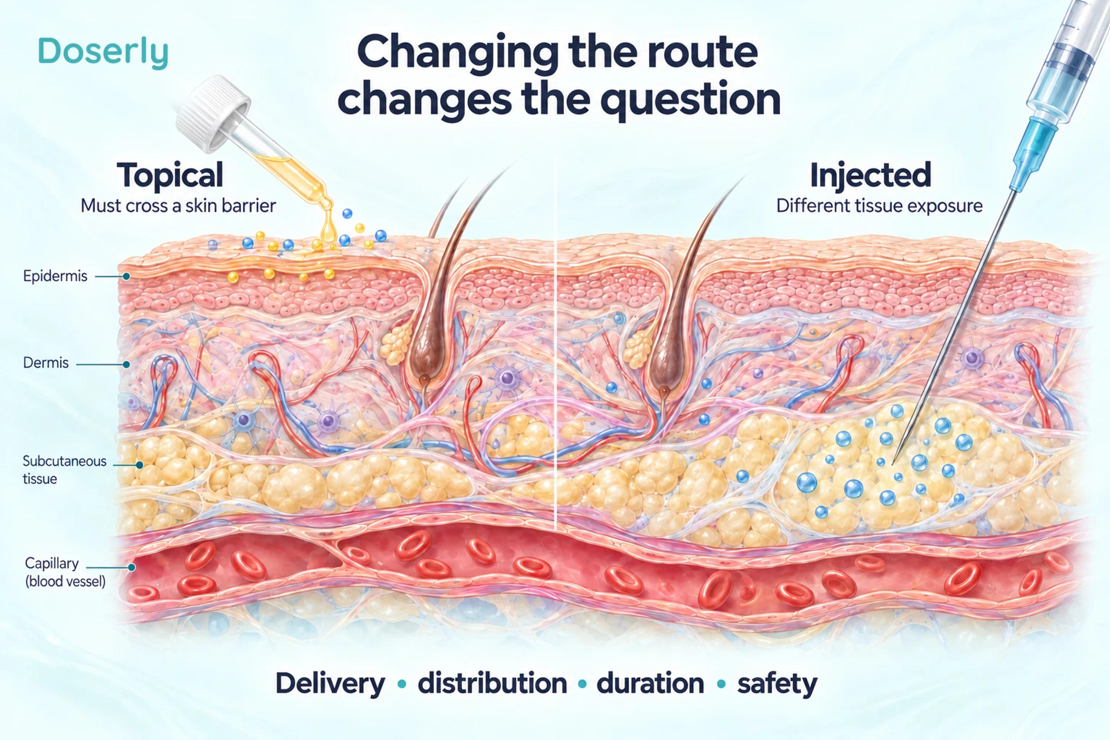 Conceptual skin cross-section contrasting surface application with delivery beneath the skin barrier