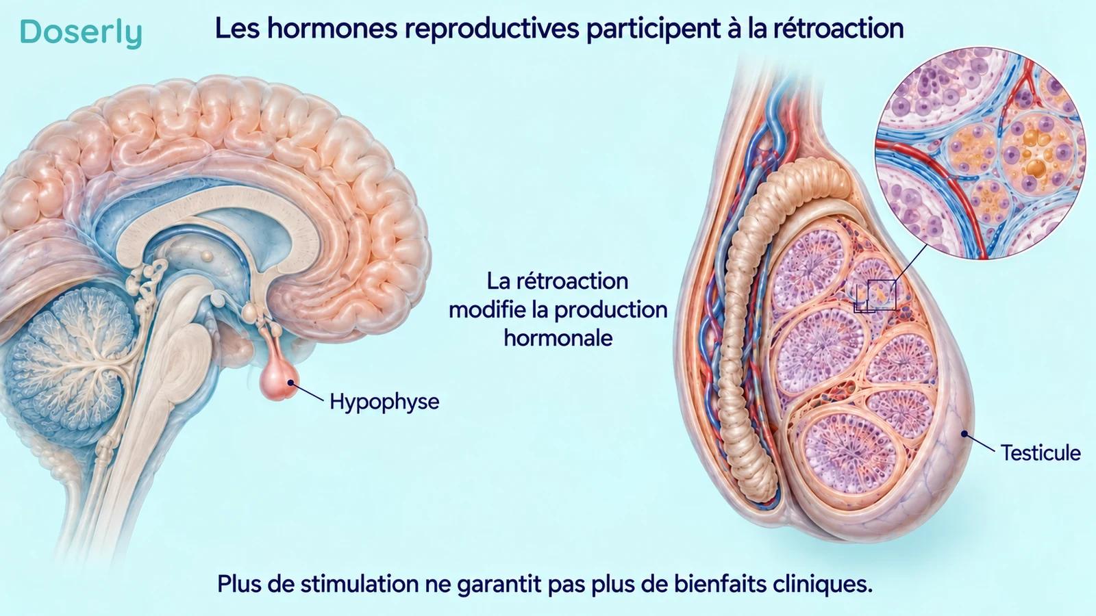 Un cerveau en coupe sagittale avec l’hypophyse et une coupe détaillée d’un testicule illustrent les organes participant à la rétroaction hormonale reproductive.
