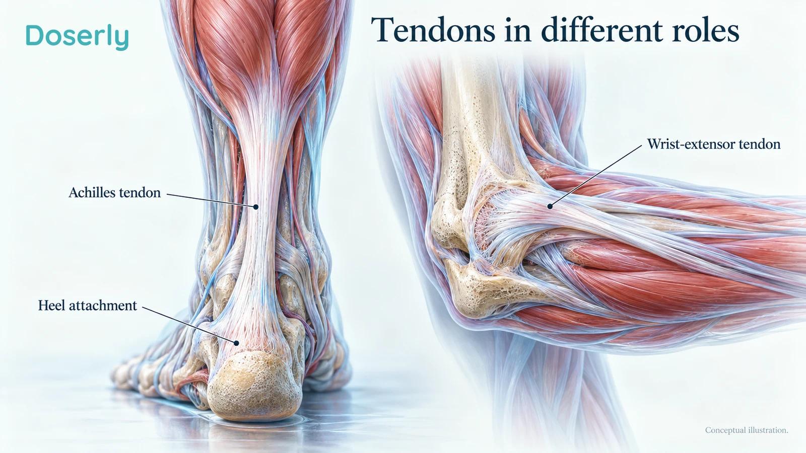 Detailed anatomical illustration of the Achilles tendon and the common extensor tendon region at the outer elbow.