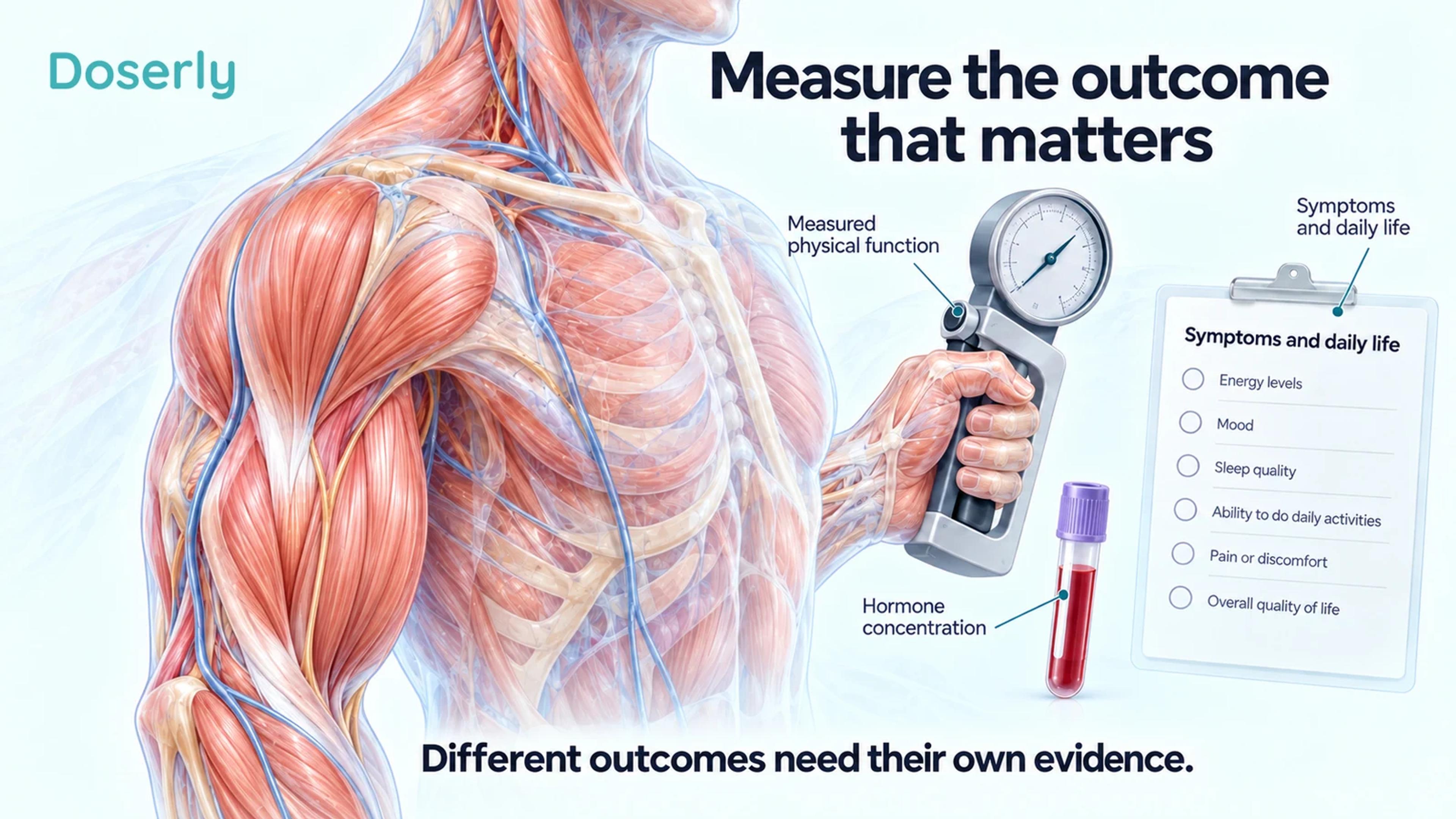 A detailed shoulder and arm illustration accompanies a blood specimen, grip-strength instrument and unscored symptom questionnaire.