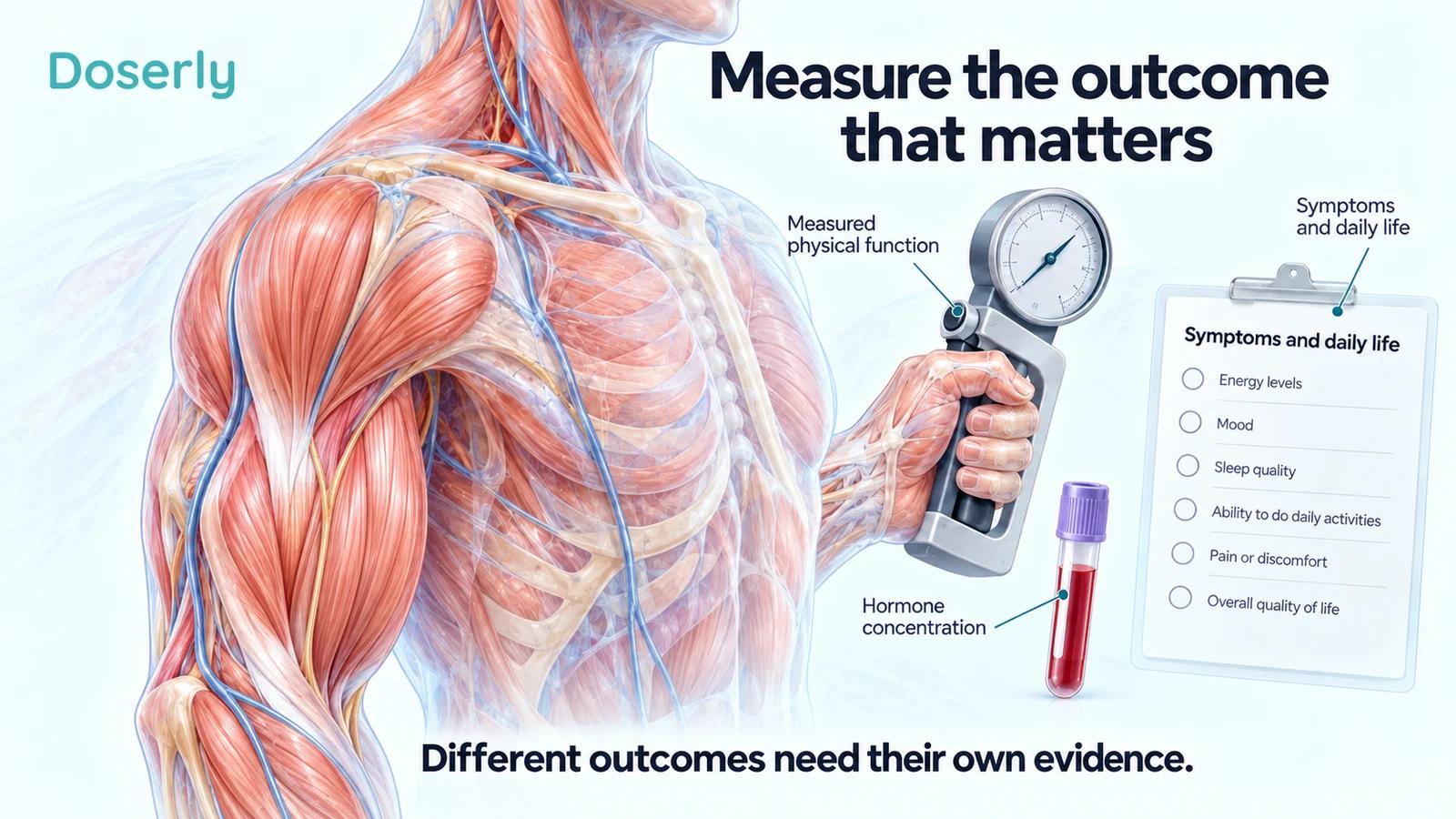 A detailed shoulder and arm illustration accompanies a blood specimen, grip-strength instrument and unscored symptom questionnaire.