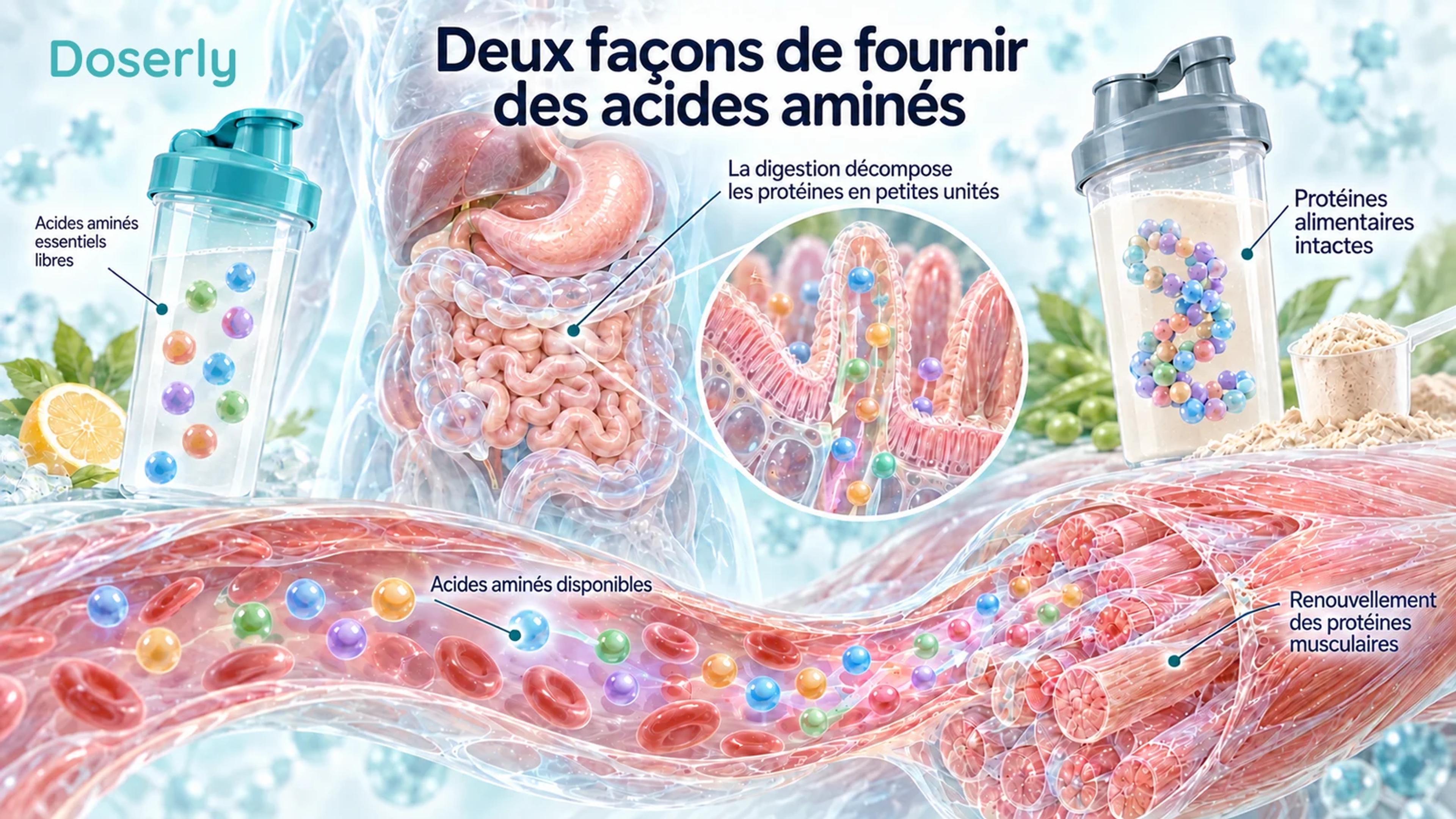 Des acides aminés libres et une chaîne de protéines intactes sont présentés à côté de structures digestives, de villosités intestinales et d’un apport commun d’acides aminés dans la circulation sanguine.