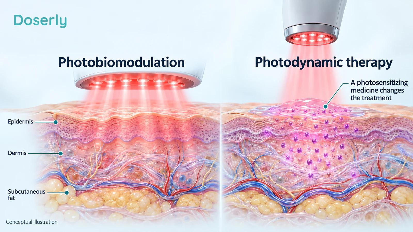 Two conceptual clinical scenes distinguish photobiomodulation from photodynamic therapy using a photosensitizing medicine.
