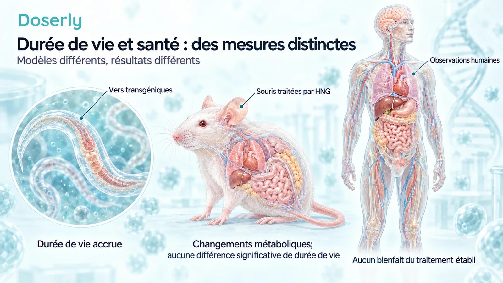Ver transgénique, souris traitée par HNG et silhouette humaine présentés séparément avec les conclusions distinctes des données