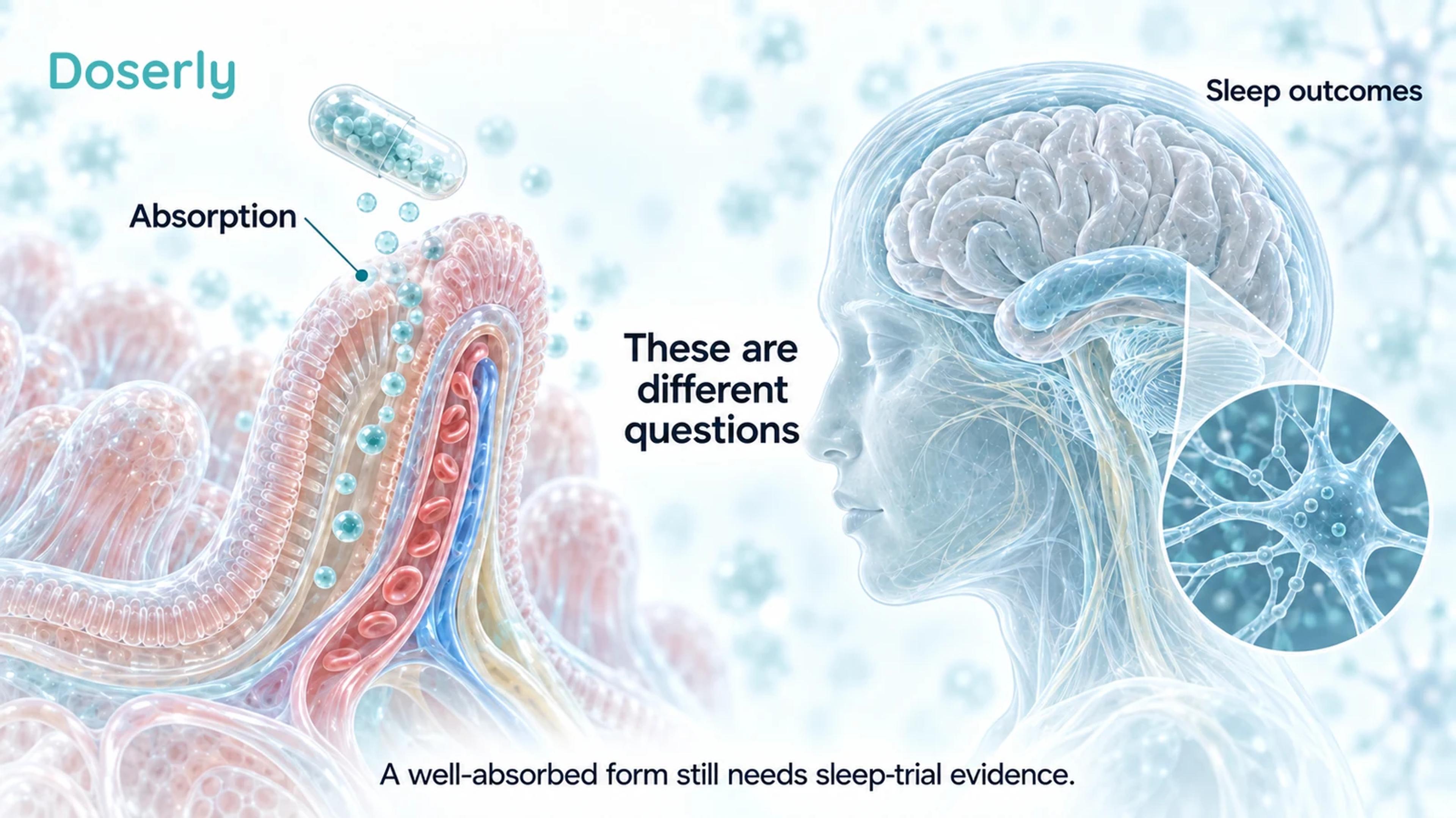 An intestinal villus and translucent head illustrate that magnesium absorption and sleep outcomes are different research questions.