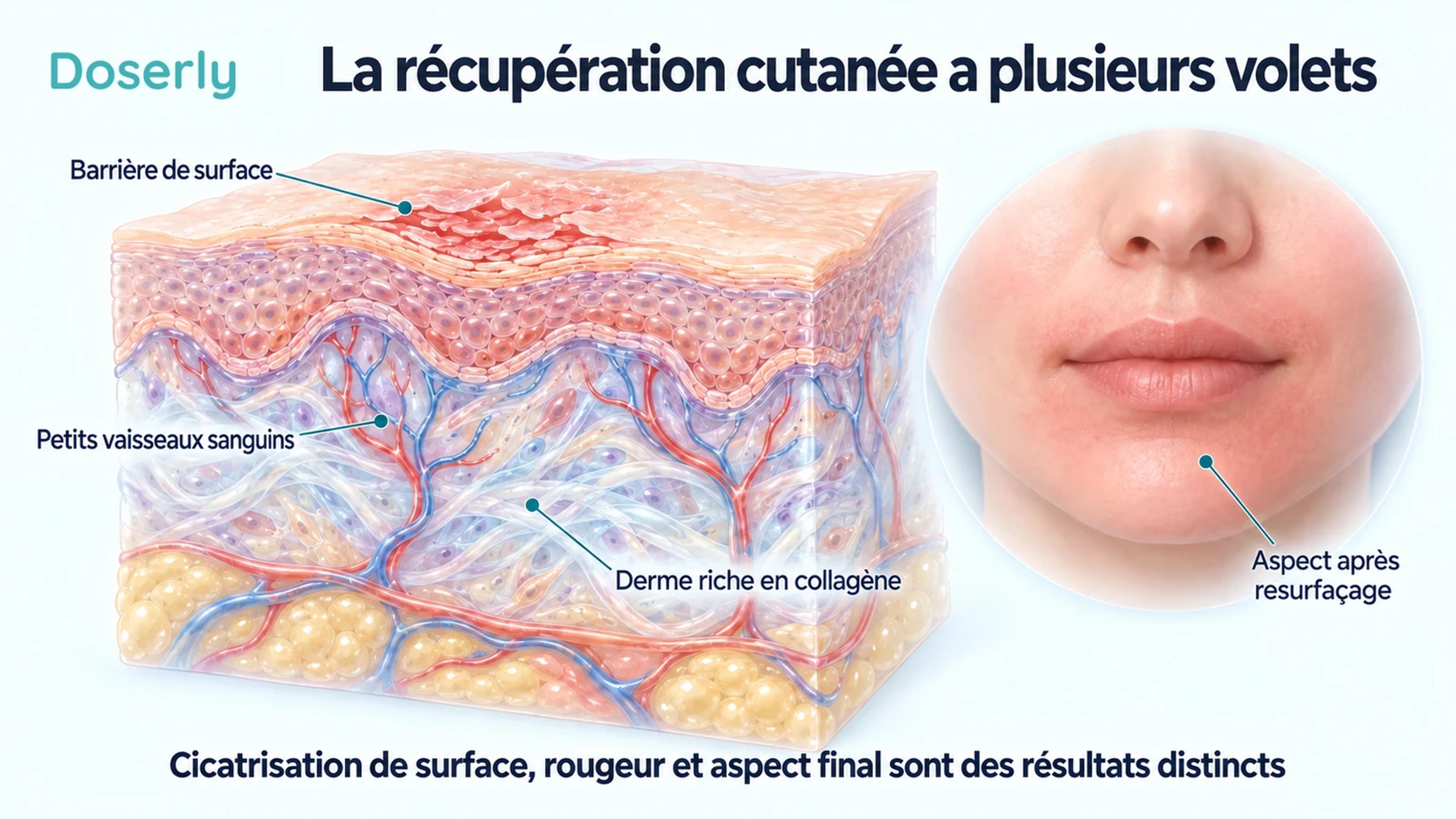 Couches de la peau détaillées montrant une barrière altérée en surface, des vaisseaux sanguins et un derme riche en collagène, à côté du bas d’un visage présentant des rougeurs.