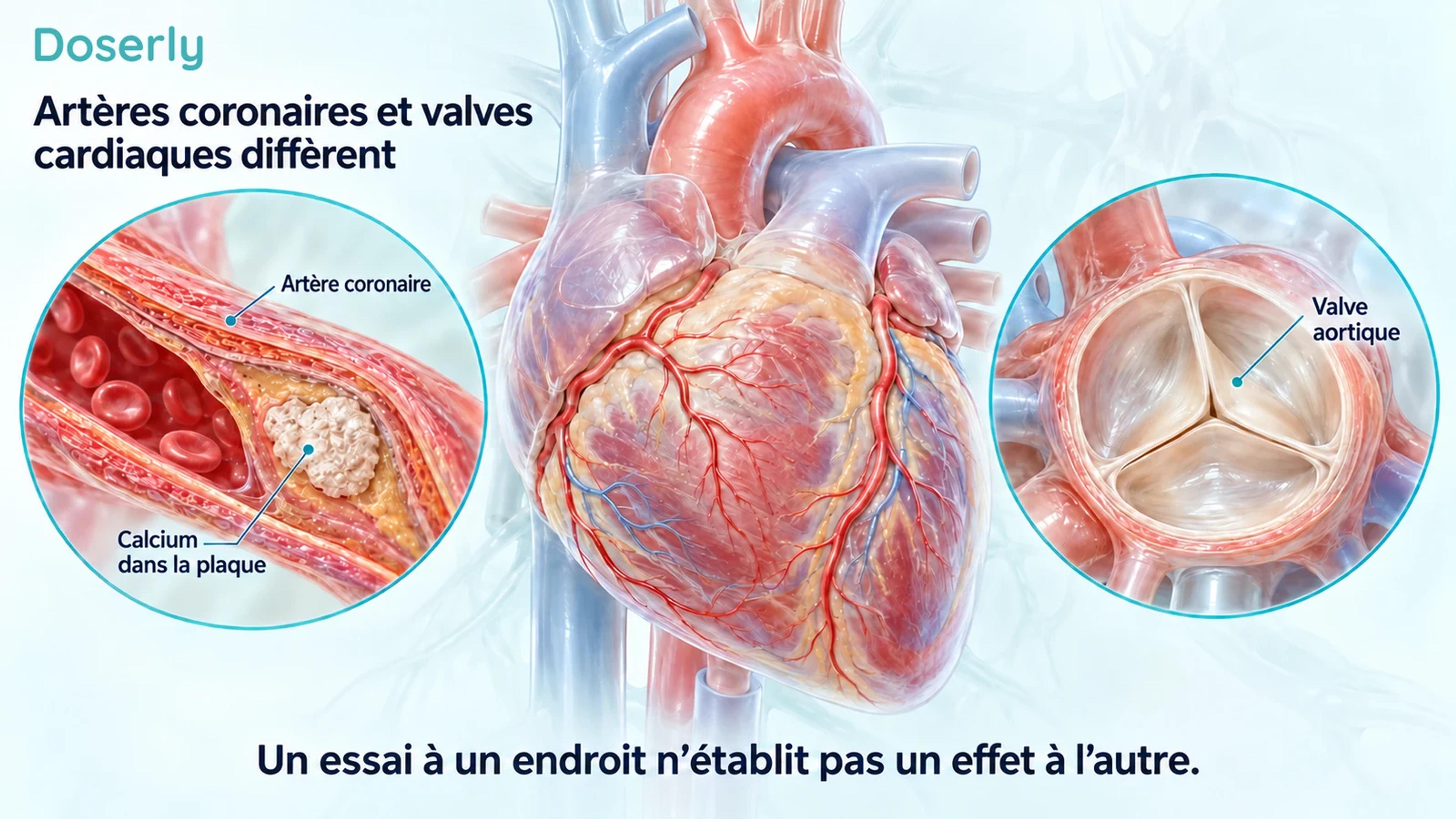Cœur anatomique avec agrandissements distincts d’une plaque d’artère coronaire et des feuillets de la valve aortique.