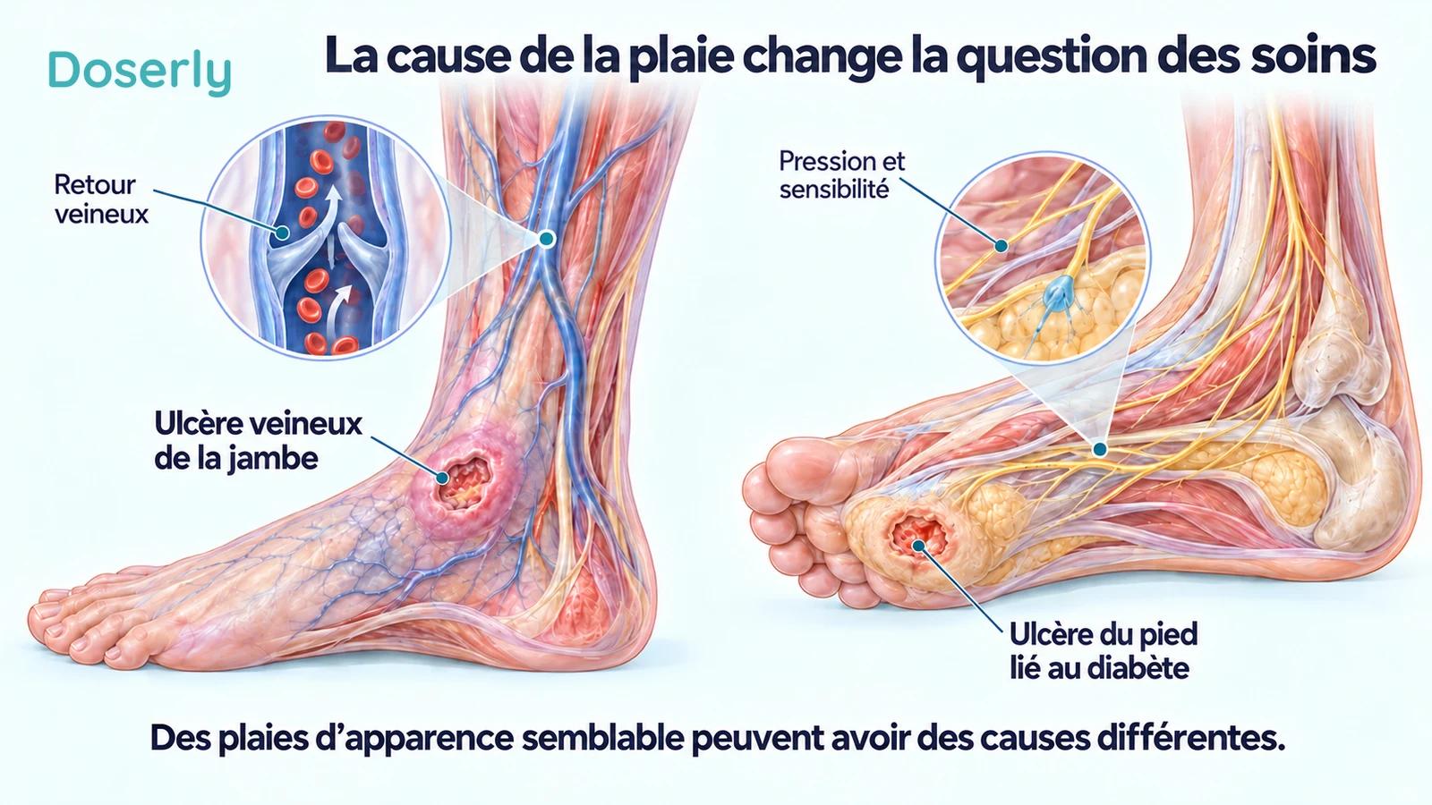 Un ulcère veineux de la jambe avec l’anatomie des veines et un ulcère du pied lié au diabète avec l’anatomie des nerfs illustrent différentes causes de plaies.