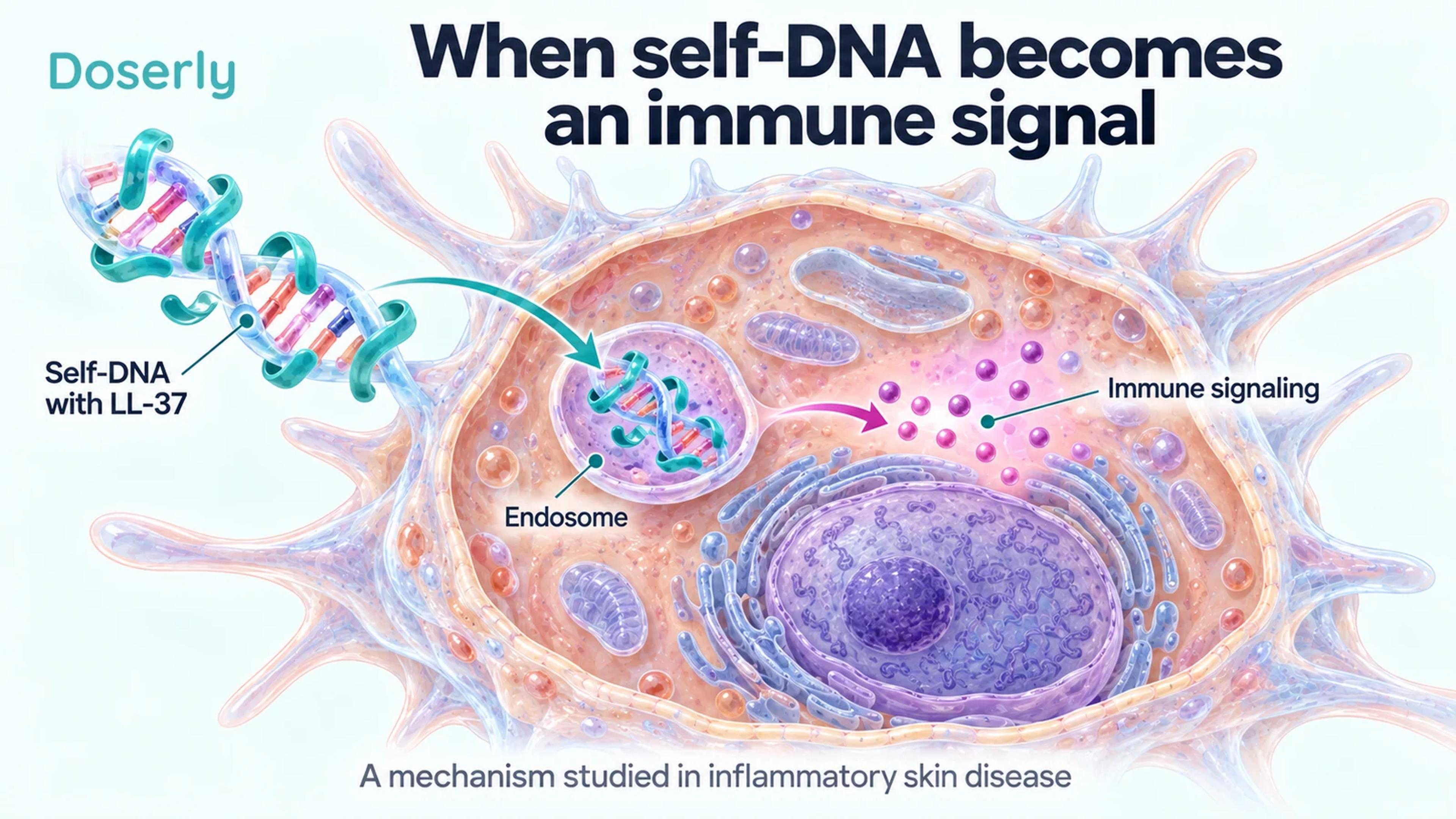 A conceptual LL-37 and self-DNA complex enters an endosome in a dendritic cell, separate from the nucleus.