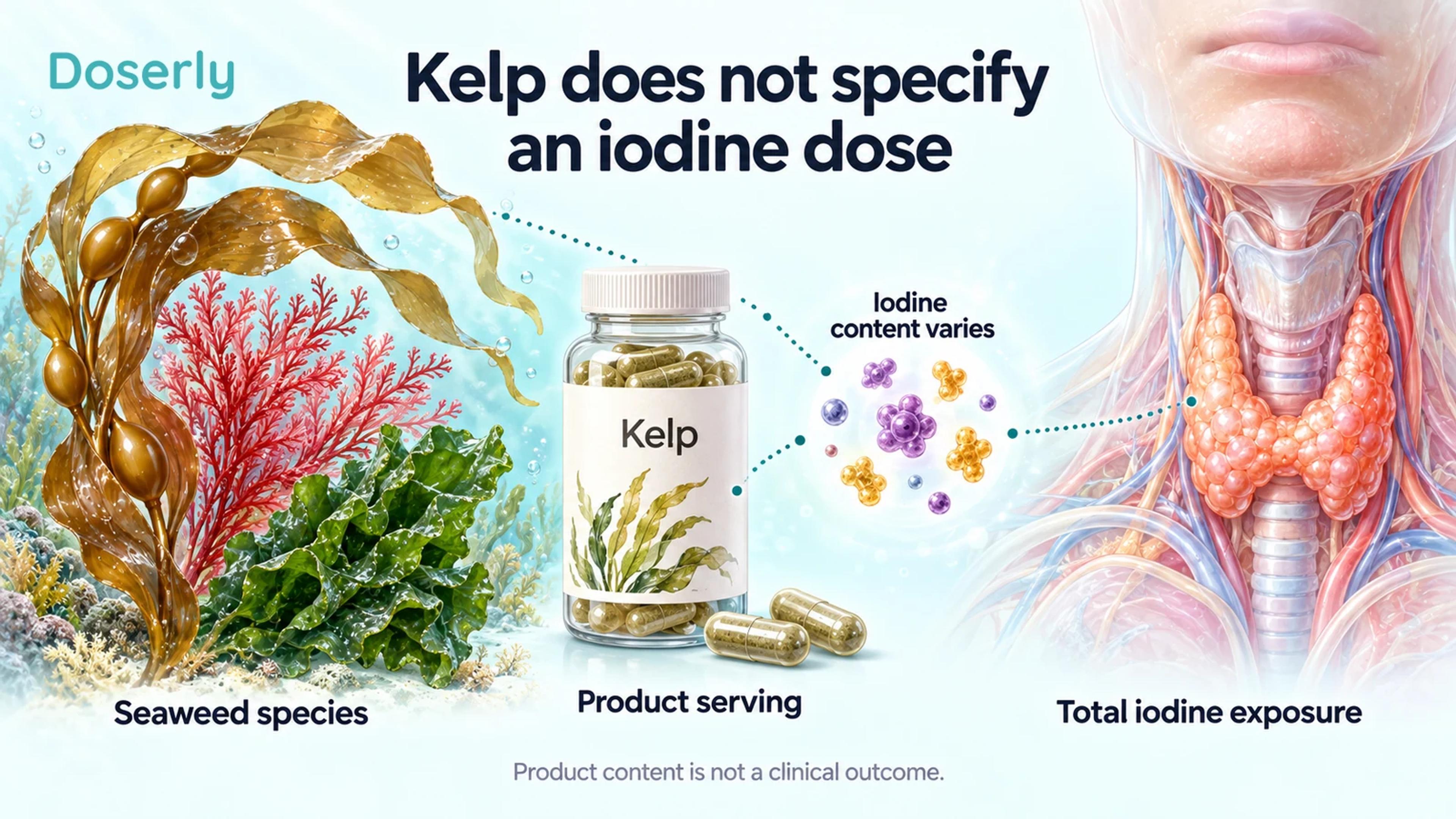 Detailed seaweed fronds, an iodine supplement and a thyroid illustrate why a kelp ingredient name does not specify iodine exposure.