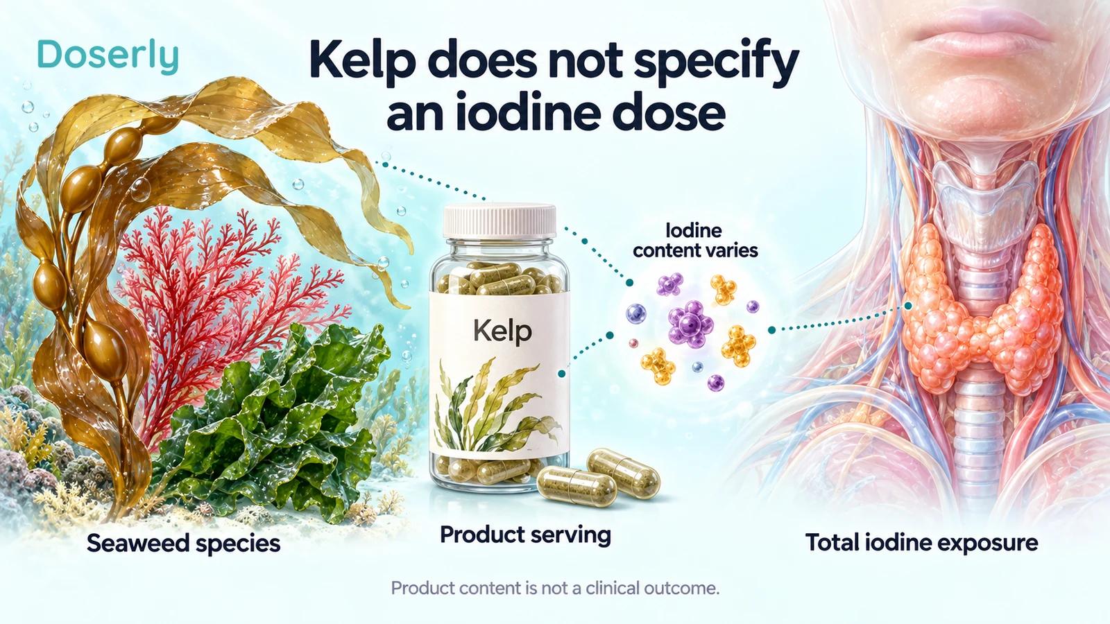 Detailed seaweed fronds, an iodine supplement and a thyroid illustrate why a kelp ingredient name does not specify iodine exposure.
