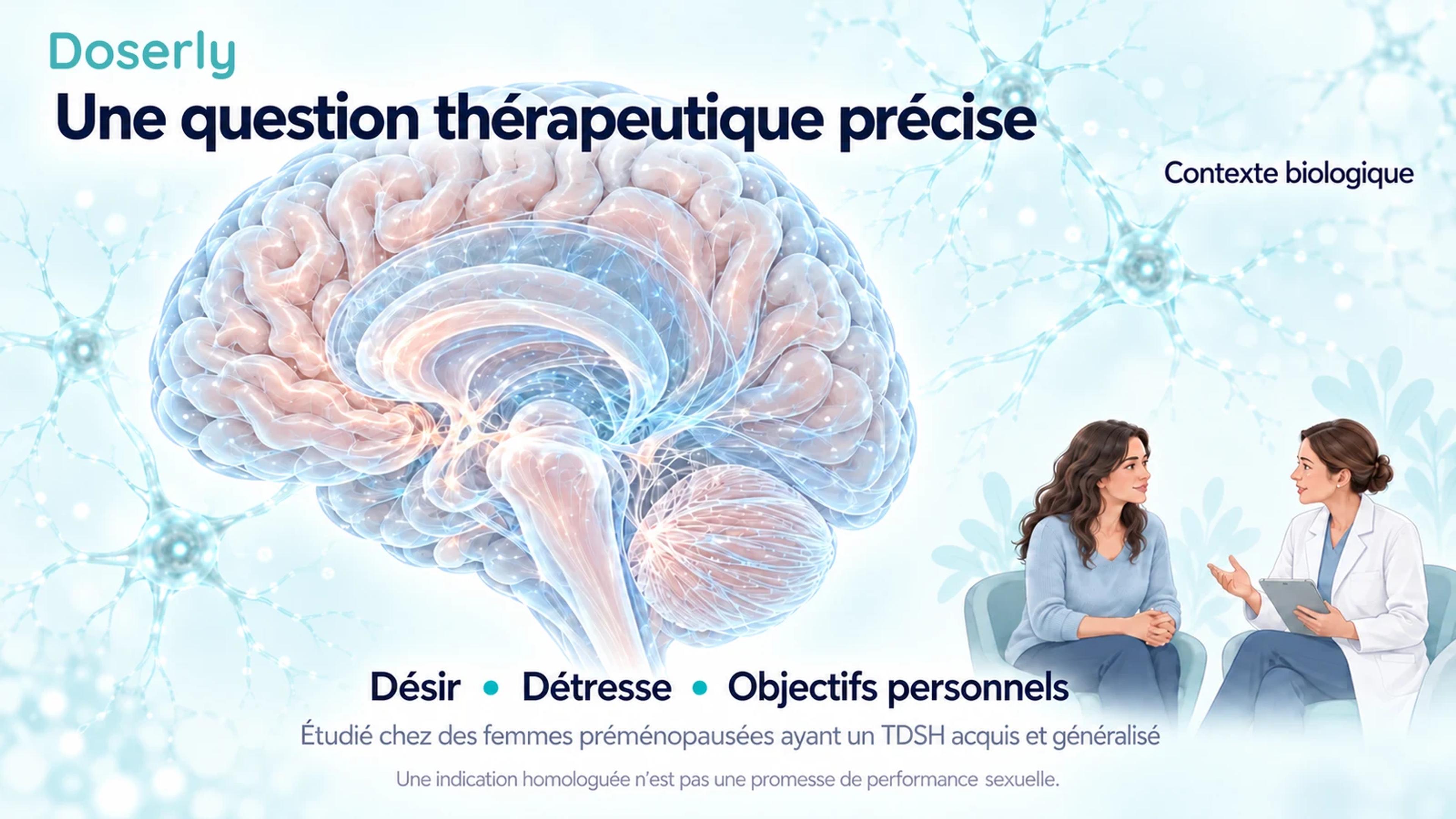 Anatomie détaillée et translucide du cerveau à côté d’une petite illustration de consultation sur le désir, la détresse et les objectifs personnels.