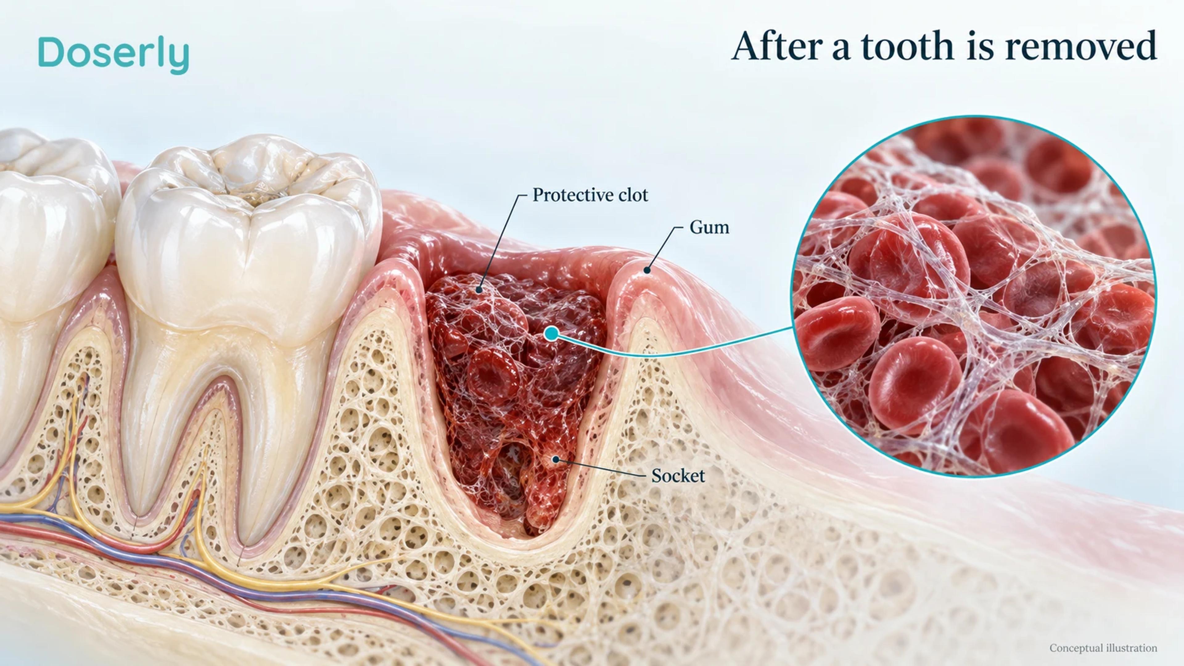 An enlarged conceptual extraction socket contains a protective blood clot beside neighboring teeth and surrounding gum.