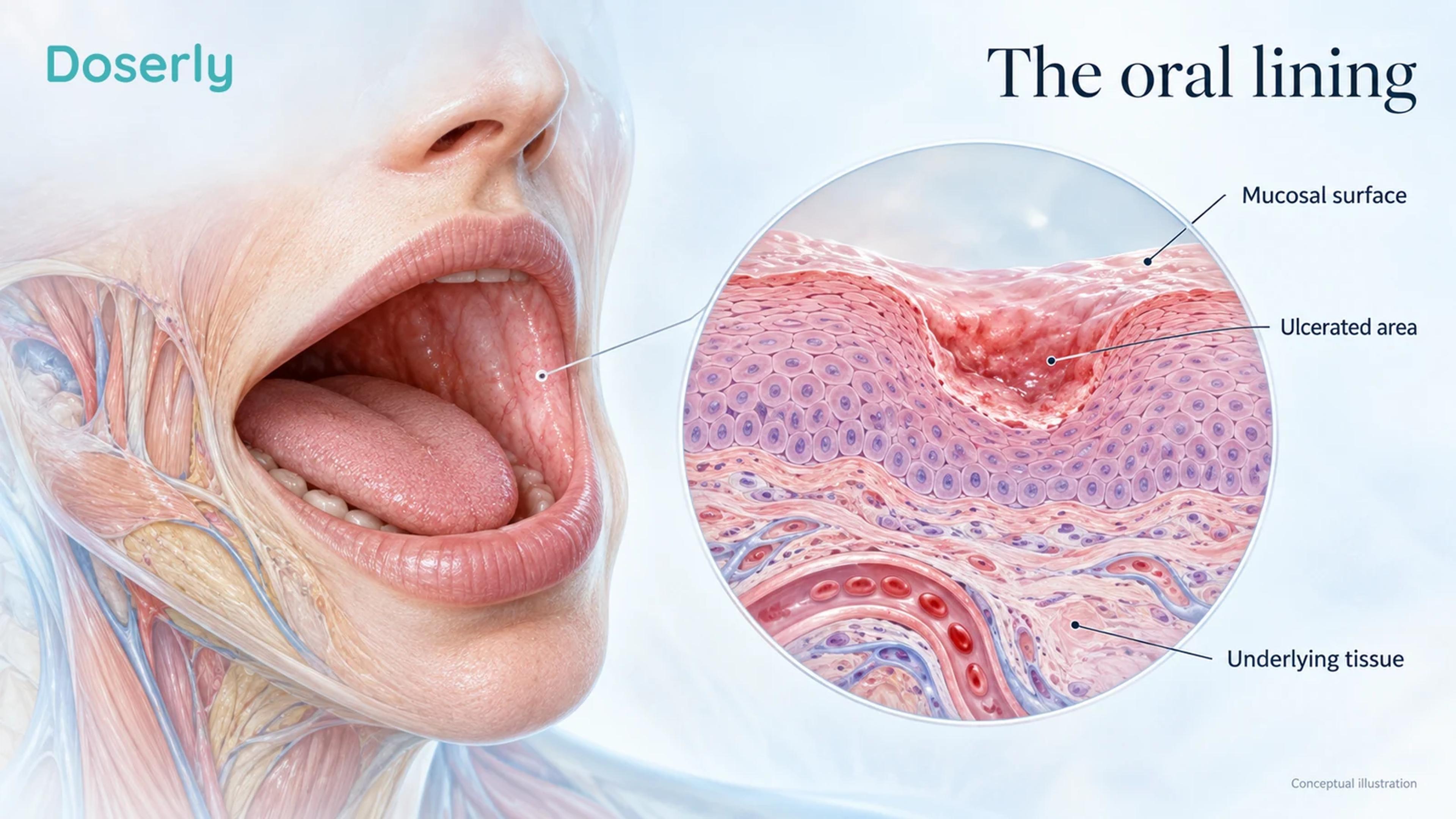 Conceptual oral anatomy beside an enlarged mucosal surface showing a shallow ulcer and underlying connective tissue.